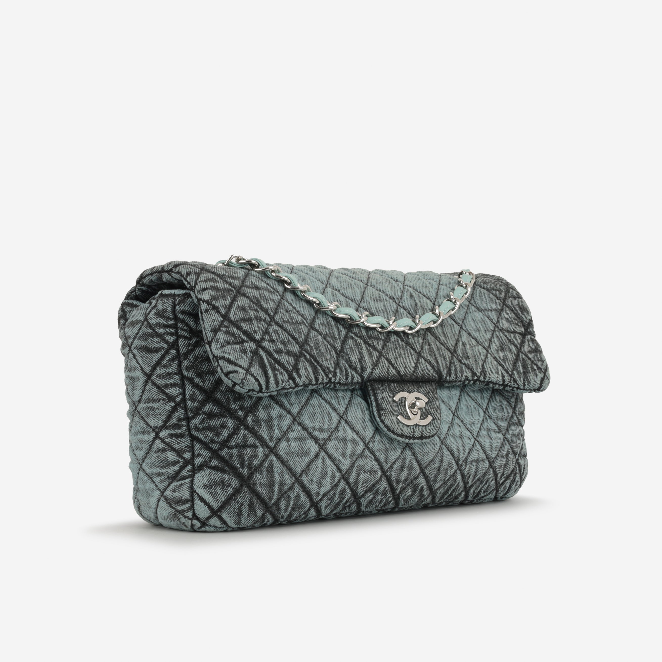 Chanel 20c Seasonal Jumbo Flap - Teal / Black Denimpression  | Silver Hardware