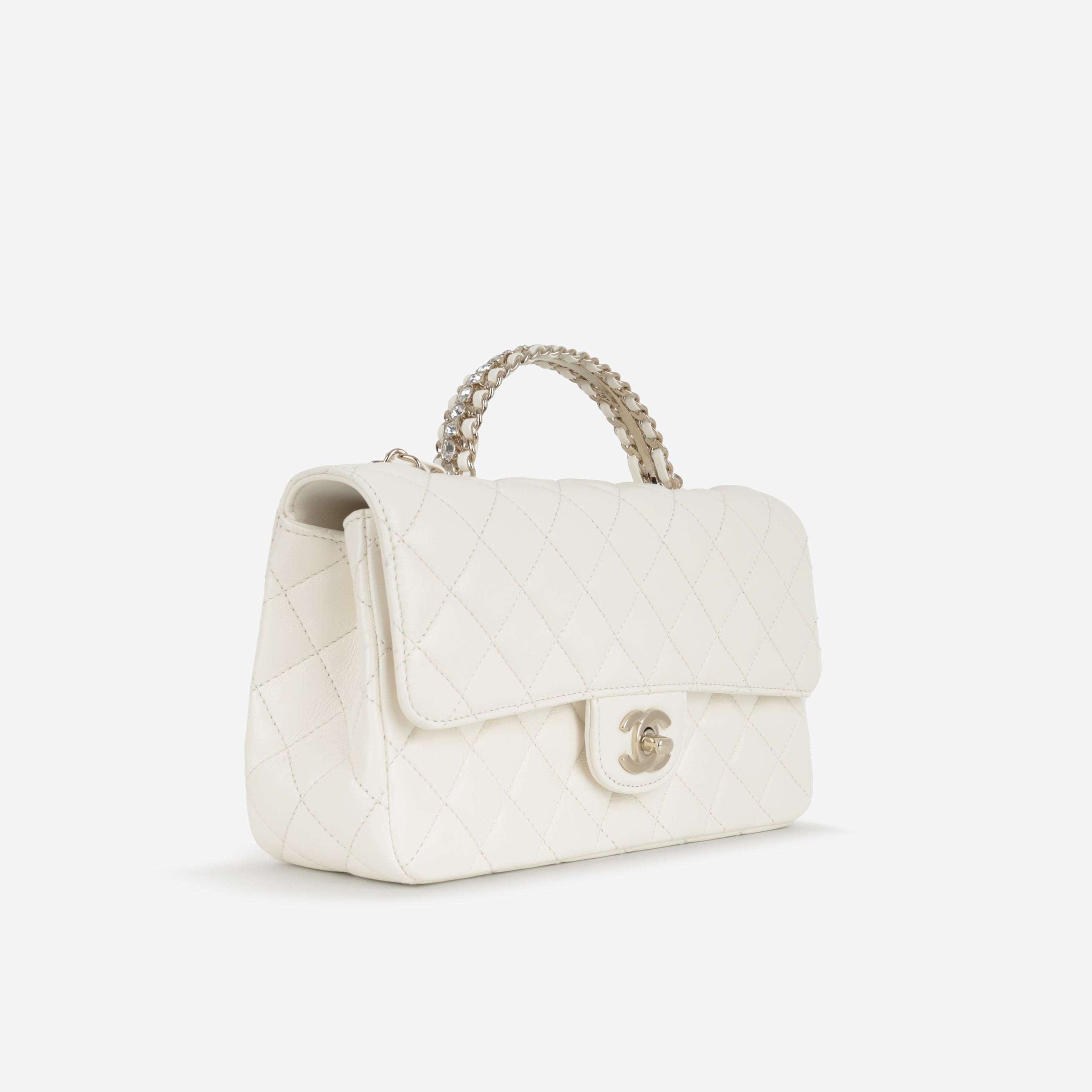 Chanel Mini Top Handle Flap with Strass - Ivory Lambskin  | Champagne Gold Hardware