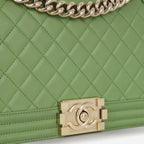 Chanel Old Medium Boy Bag - Green Quilted Lambskin | Champagne Gold Hardware