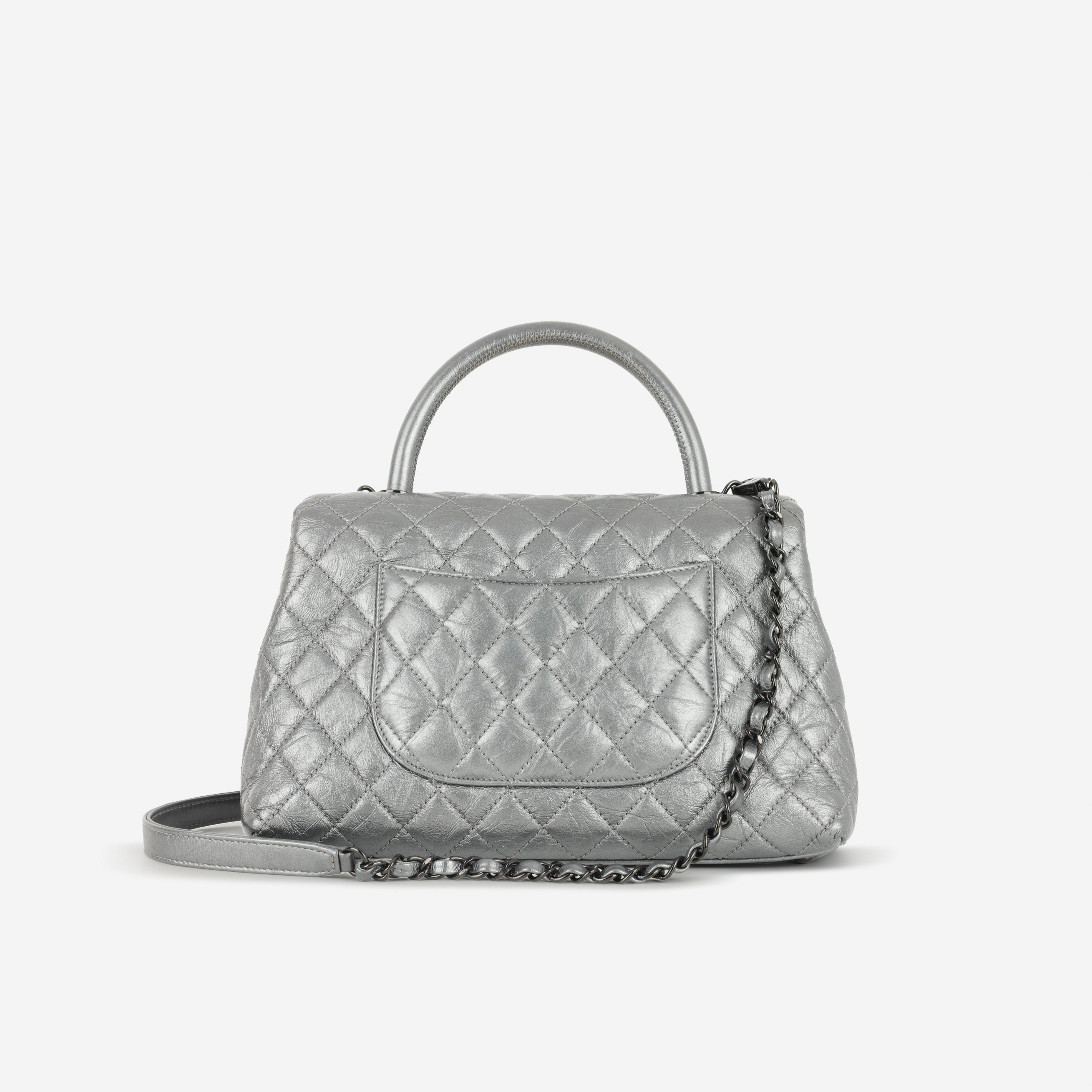 Chanel Medium Coco Handle - Silver Crumpled Calfskin | Black Hardware