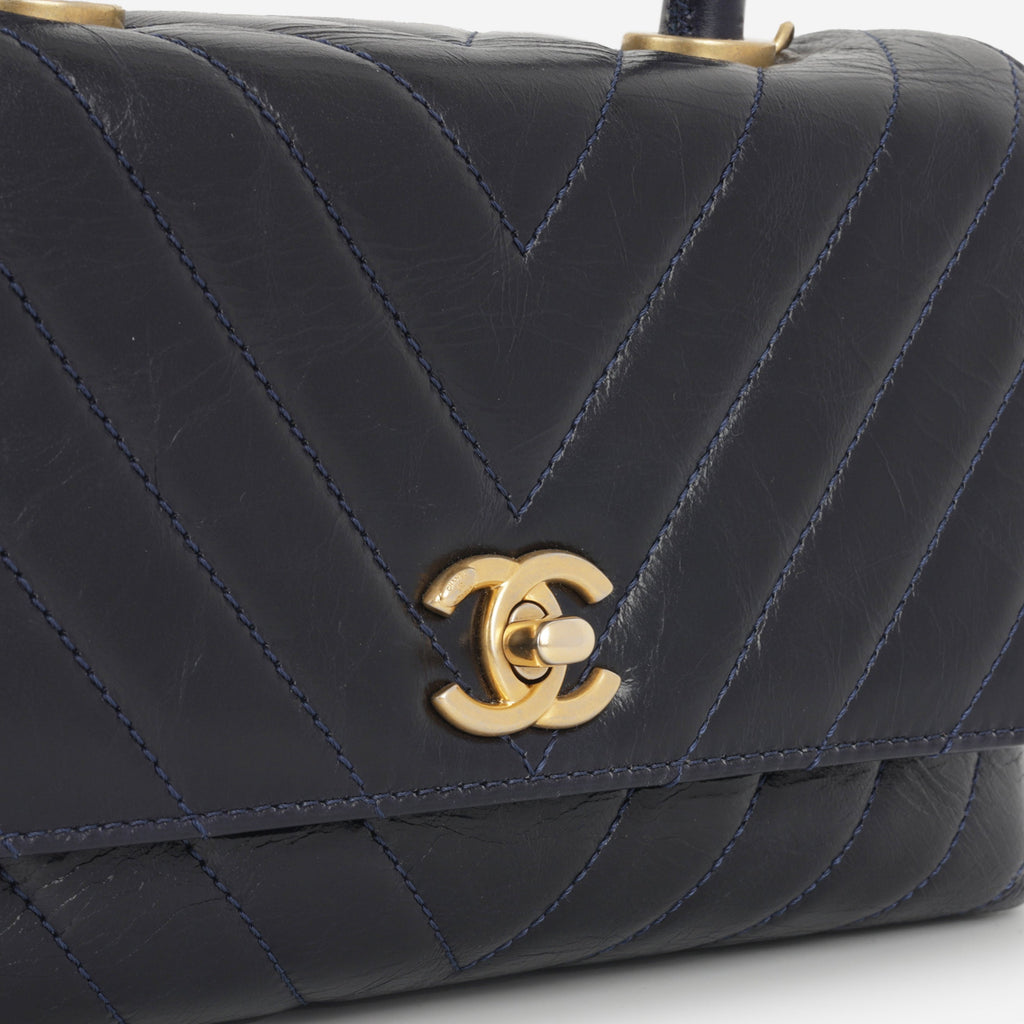 Chanel Small Coco Handle - Navy Chevron Calfskin | Gold Hardware