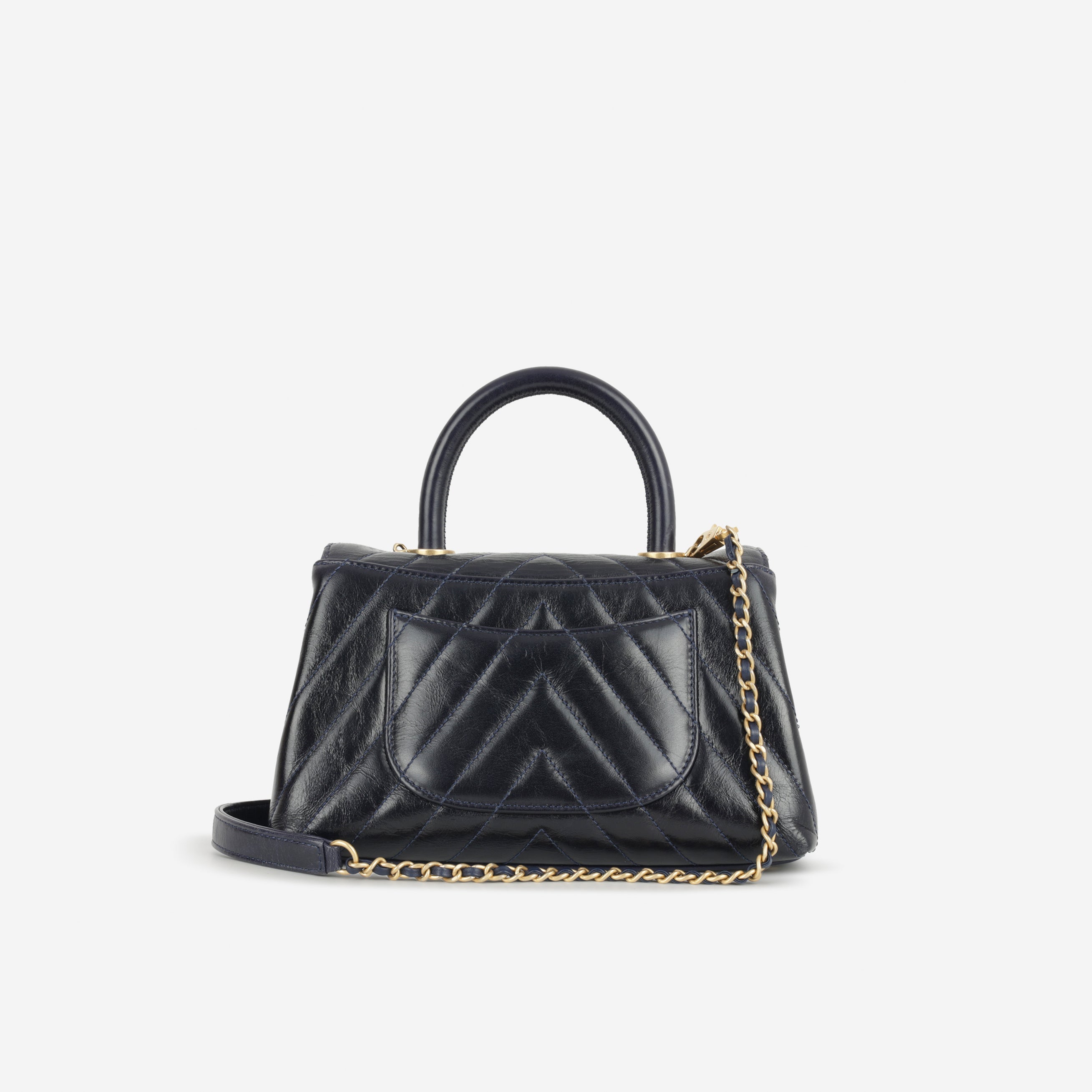 Chanel Small Coco Handle - Navy Chevron Calfskin | Gold Hardware