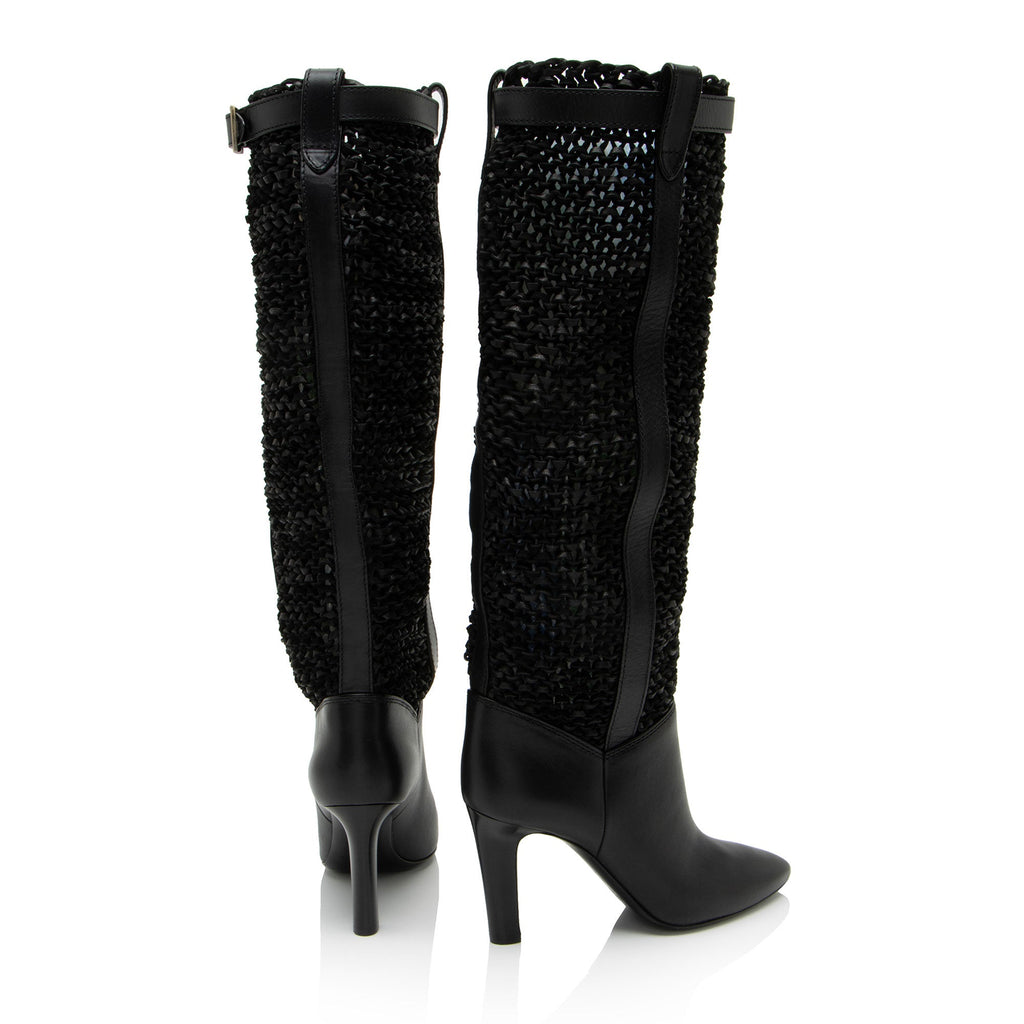 Saint Laurent Calfskin Woven Kim Knee High Boots - Size 8.5 / 38.5