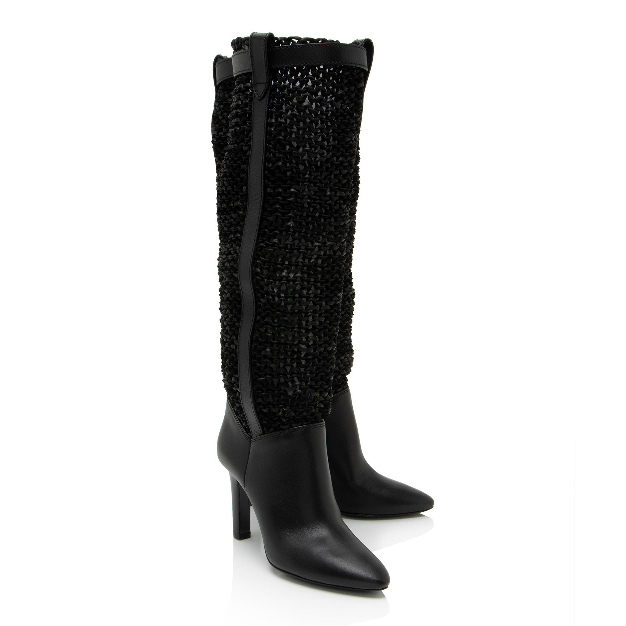 Saint Laurent Calfskin Woven Kim Knee High Boots - Size 8.5 / 38.5