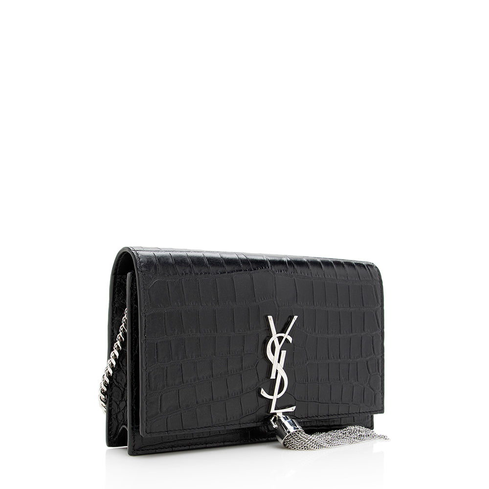 Saint Laurent Croc Embossed Leather Kate Tassel Small Shoulder Bag (SHF-18996)