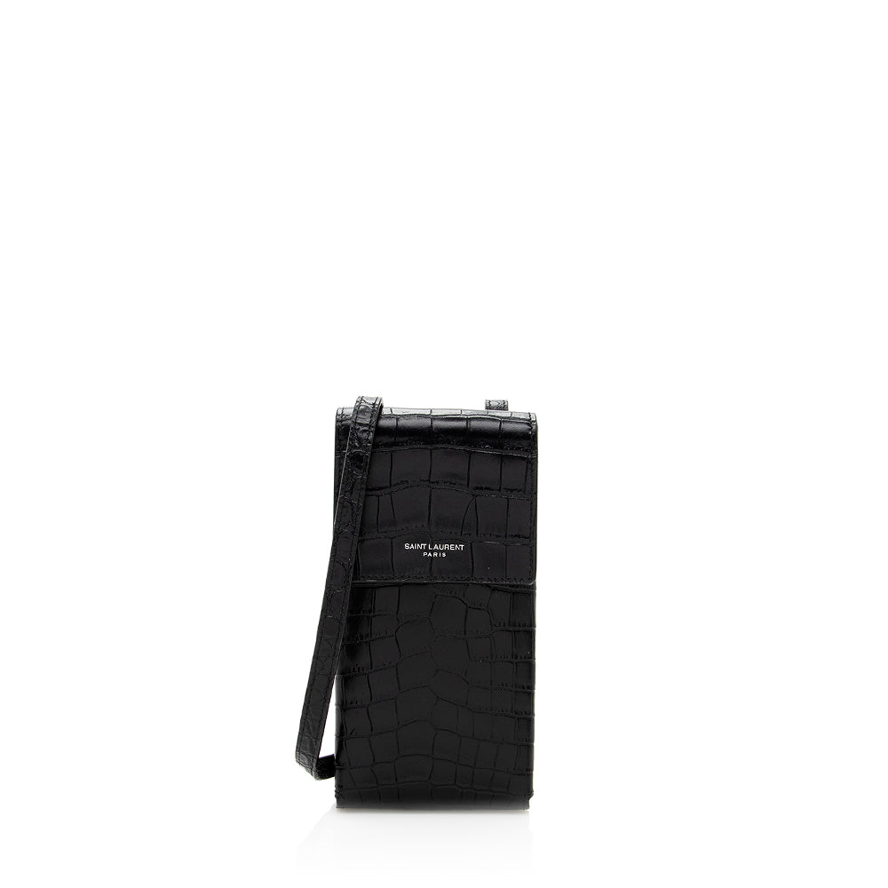 Saint Laurent Croc Embossed Leather Phone Pouch Crossbody Bag (SHF-19580)