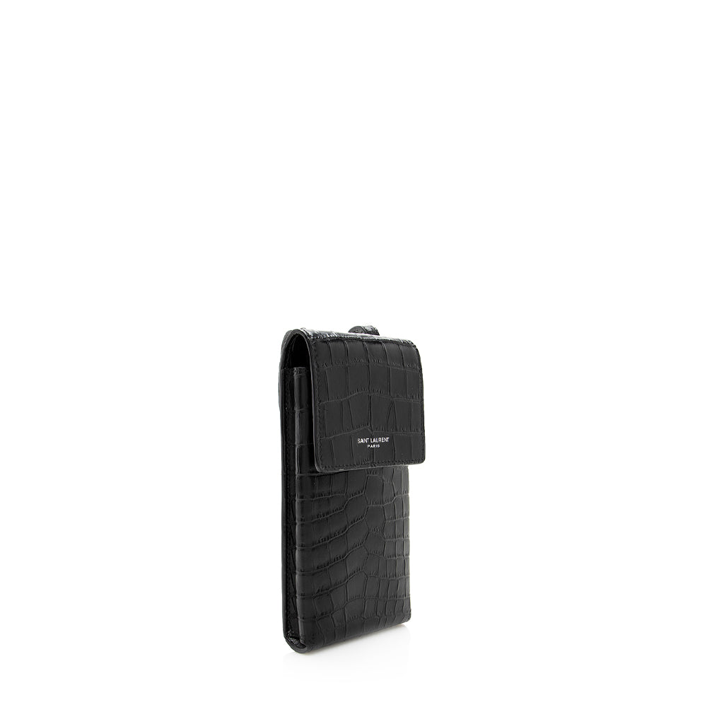 Saint Laurent Croc Embossed Leather Phone Pouch Crossbody Bag (SHF-19580)