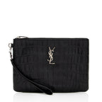 Saint Laurent Croc Embossed Monogram Zip Pouch Wristlet (SHF-19209)