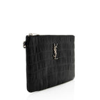Saint Laurent Croc Embossed Monogram Zip Pouch Wristlet (SHF-19209)