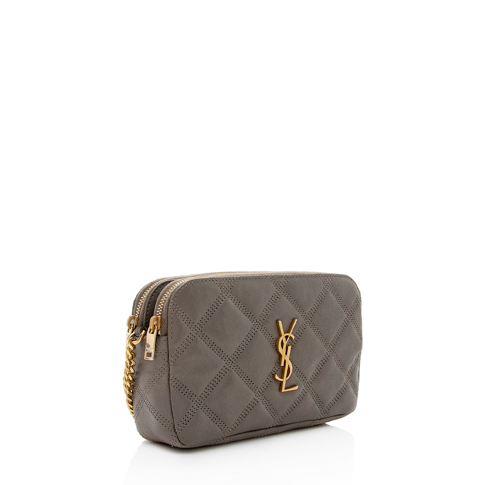 Saint Laurent Grained Lambskin Quilted Becky Double Zip Shoulder Bag (SHF-18175)