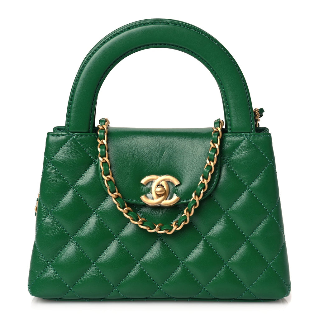 Chanel Shiny Aged Calfskin Quilted Nano Kelly Shopper Green