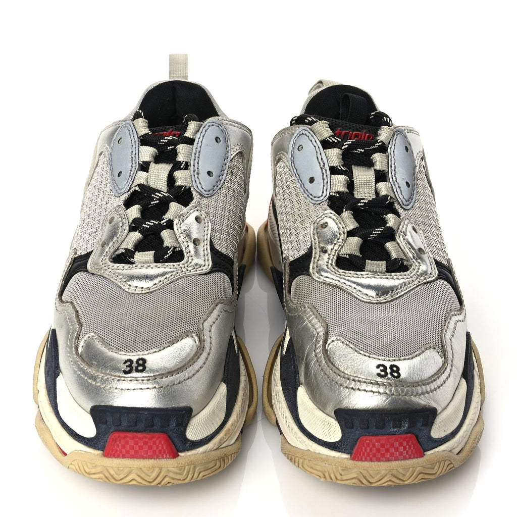 Balenciaga Mesh Nubuck Womens Triple S Sneakers 38 Black Argent