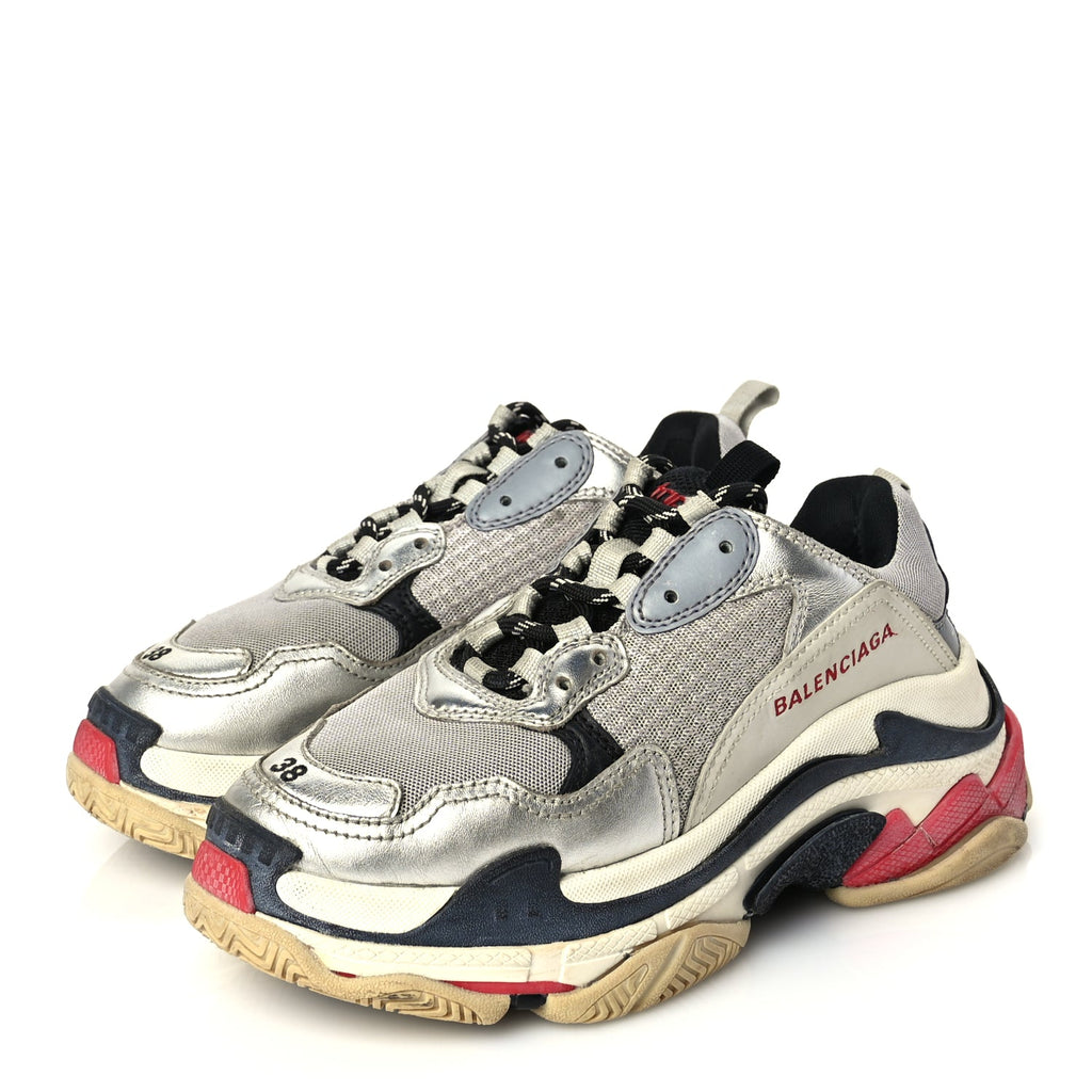 Balenciaga Mesh Nubuck Womens Triple S Sneakers 38 Black Argent