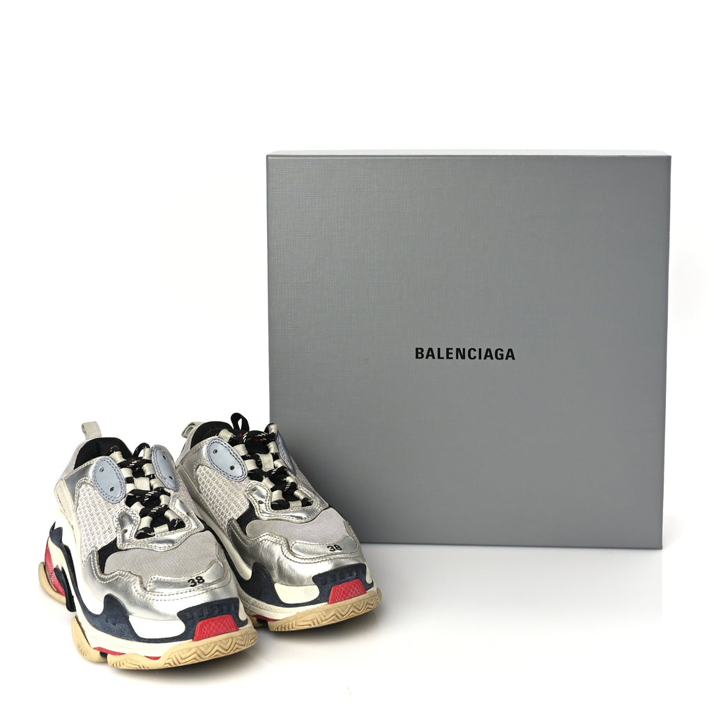 Balenciaga Mesh Nubuck Womens Triple S Sneakers 38 Black Argent