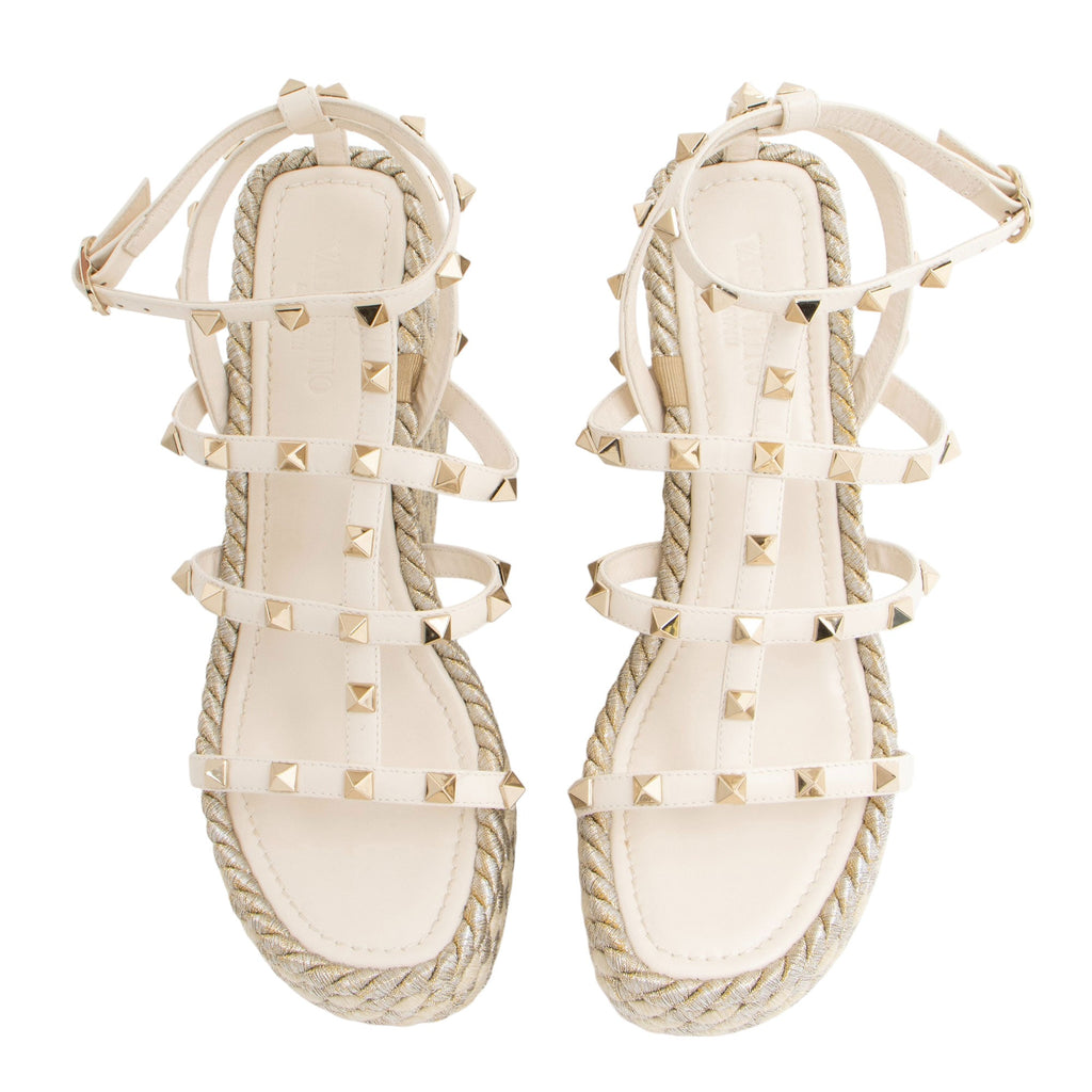 Valentino Calfskin Rockstud Torchon Ankle Strap Wedge Sandals - Size 8 / 38