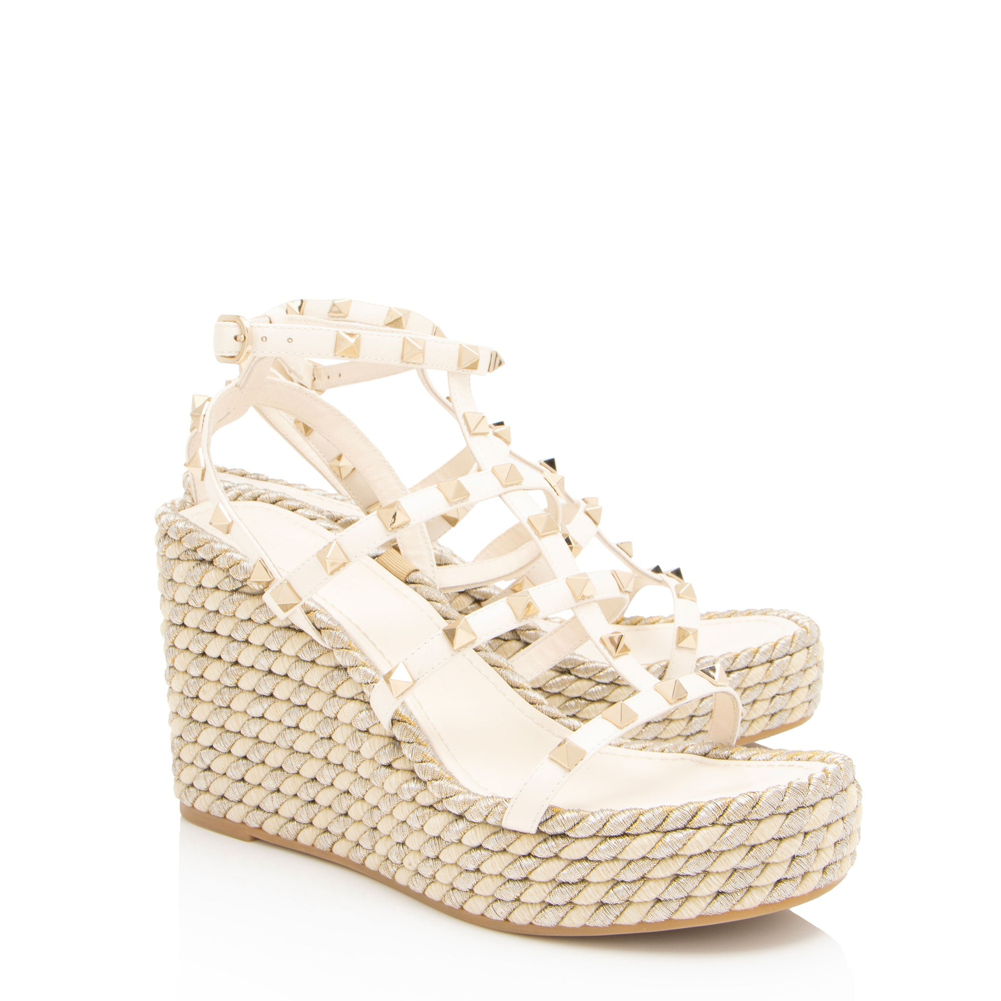 Valentino Calfskin Rockstud Torchon Ankle Strap Wedge Sandals - Size 8 / 38