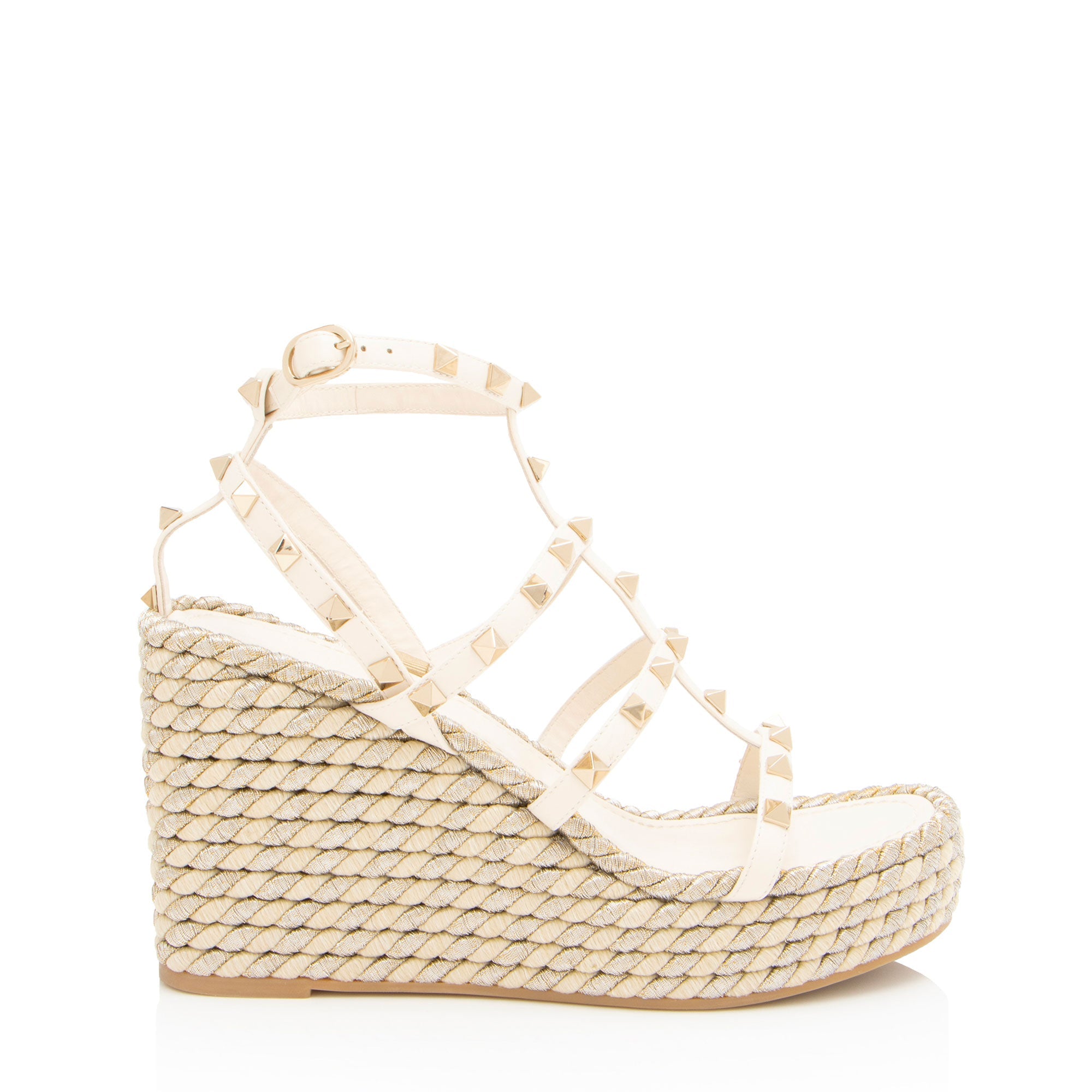 Valentino Calfskin Rockstud Torchon Ankle Strap Wedge Sandals - Size 8 / 38