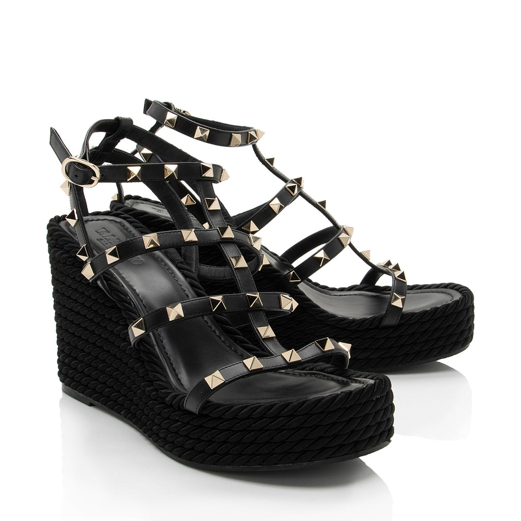 Valentino Calfskin Rockstud Torchon Ankle Strap Wedge Sandals - Size 8 / 38 (SHF-l1C1Qw)