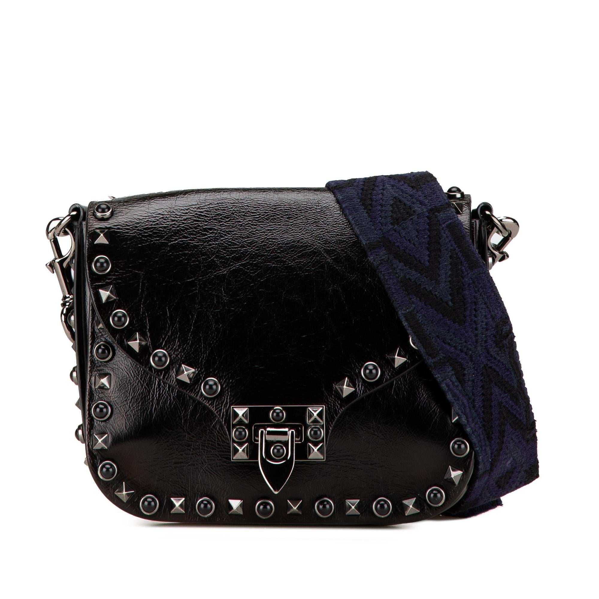 Valentino Craquele Calfskin Guitar Strap Rockstud Rolling Flap Crossbody