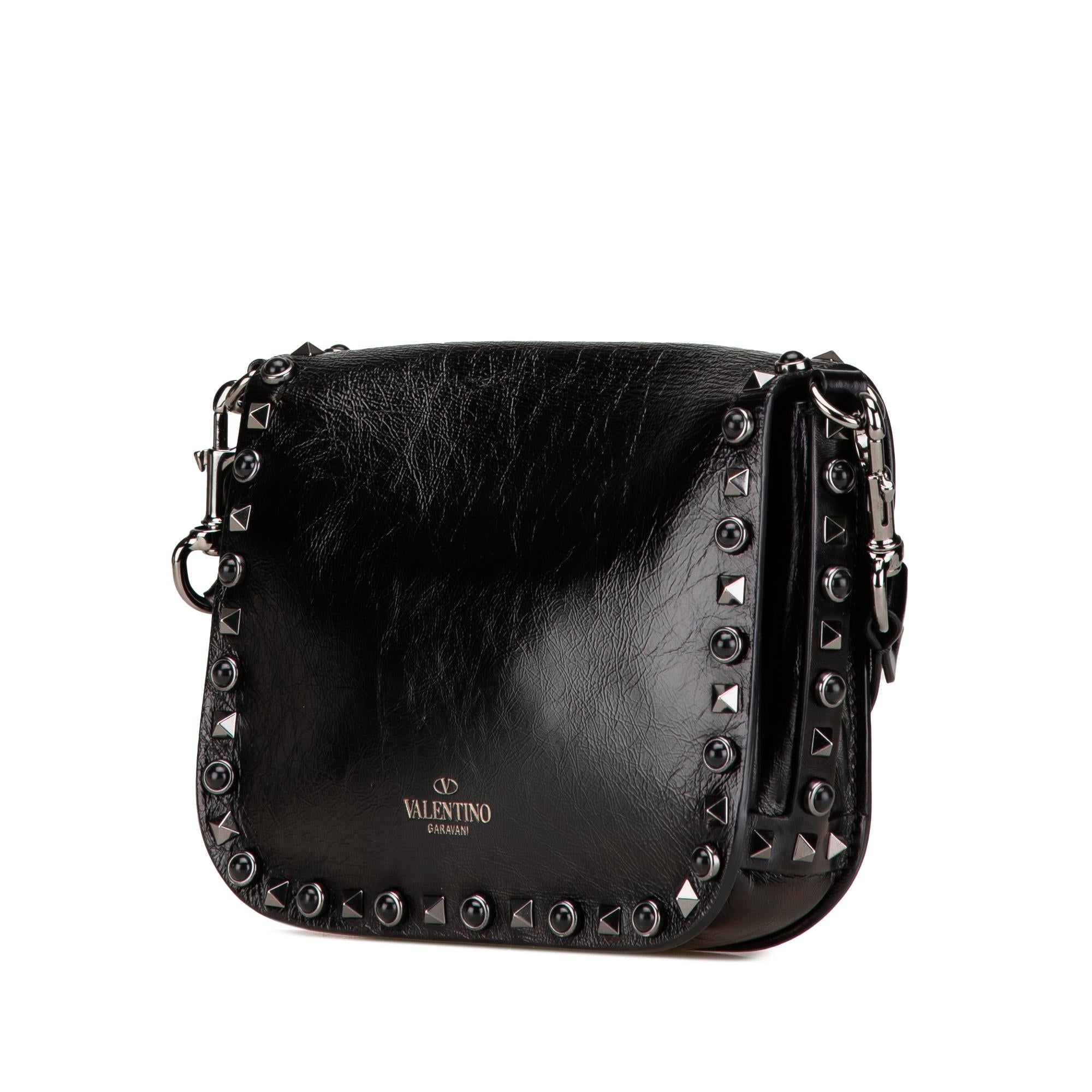 Valentino Craquele Calfskin Guitar Strap Rockstud Rolling Flap Crossbody