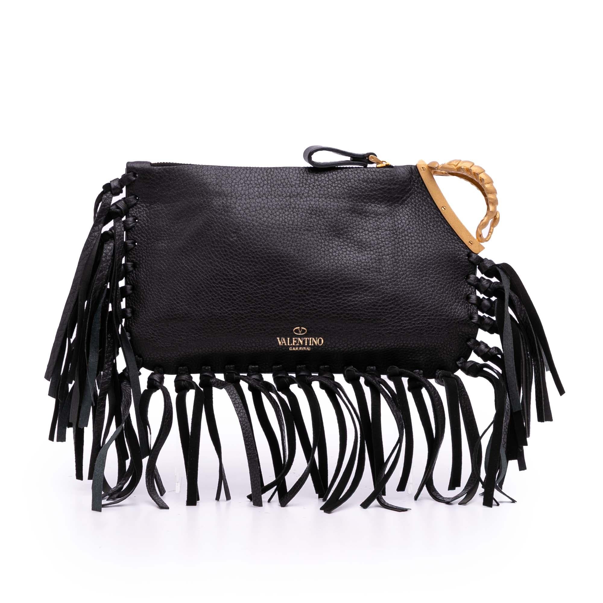 Valentino Grained Calfskin C Rockee Zodiac Fringe Clutch