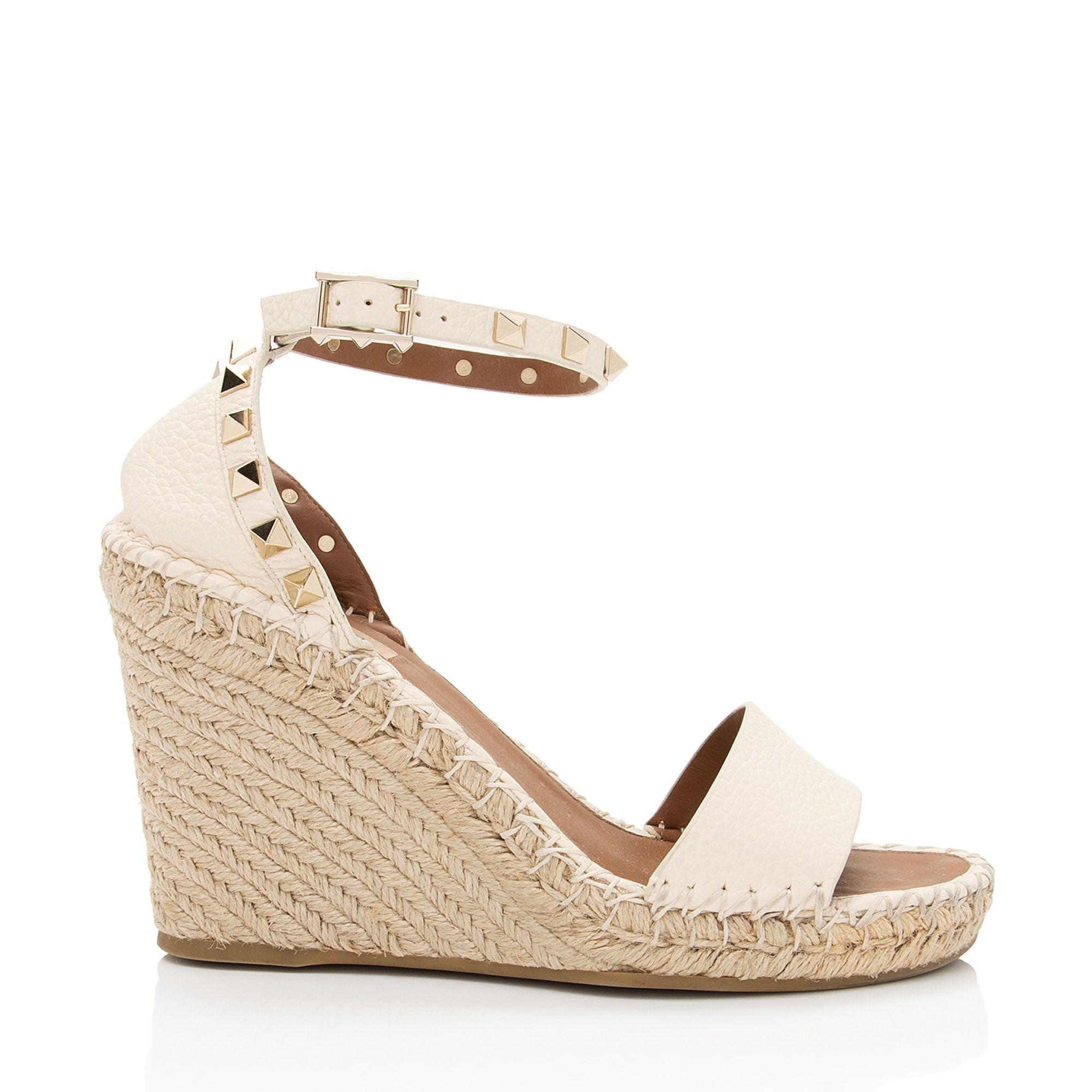 Valentino Grainy Calfskin Double Rockstud Wedge Sandals - Size 8 / 38 (SHF-sJMeiu)