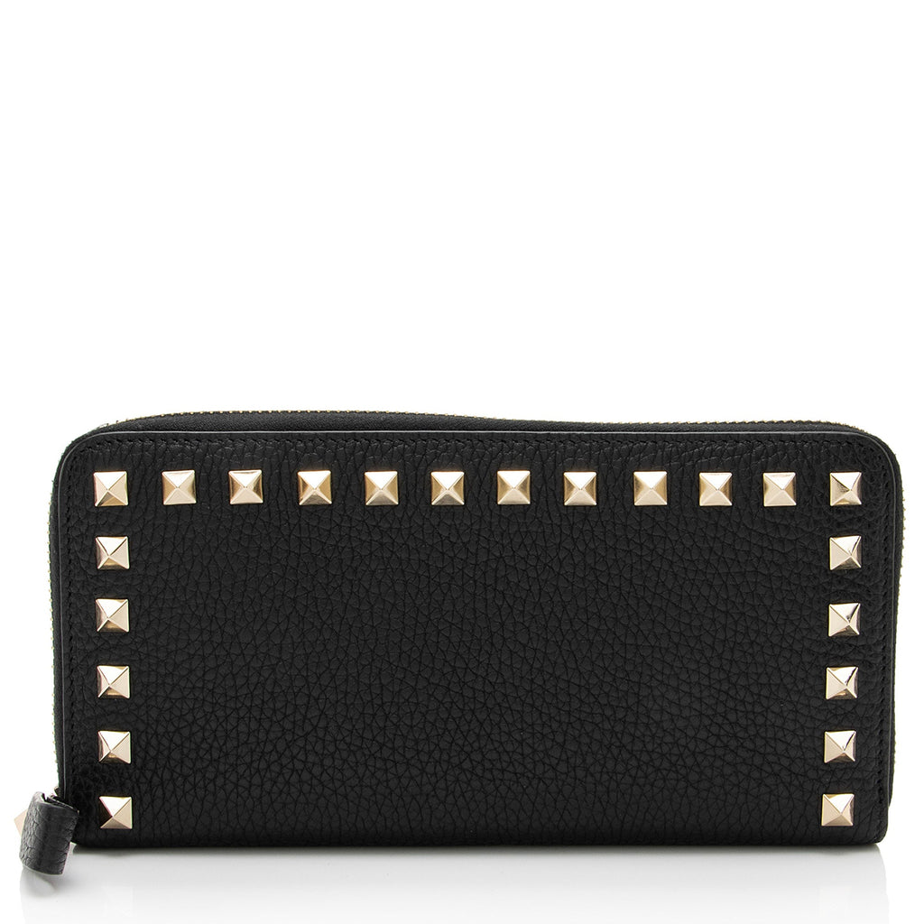 Valentino Grainy Calfskin Rockstud Zip Around Wallet (SHF-vsMR80)