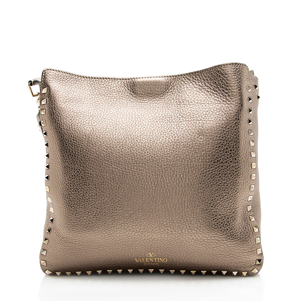 Valentino Metallic Calfskin Rockstud Messenger Bag (SHF-18357)