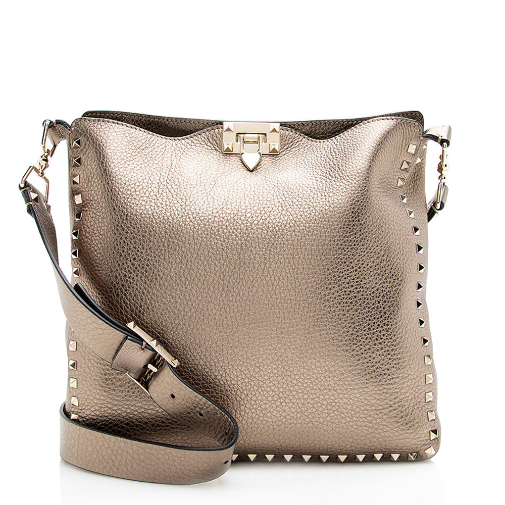 Valentino Metallic Calfskin Rockstud Messenger Bag (SHF-18357)