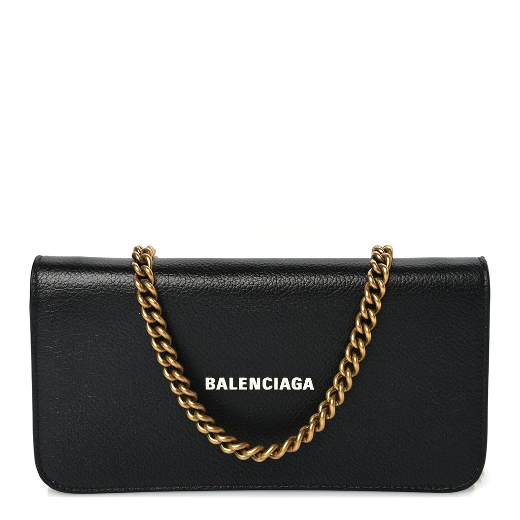 Balenciaga Grained Calfskin Logo Cash Phone Holder Wallet On Chain Black
