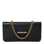 Balenciaga Grained Calfskin Logo Cash Phone Holder Wallet On Chain Black