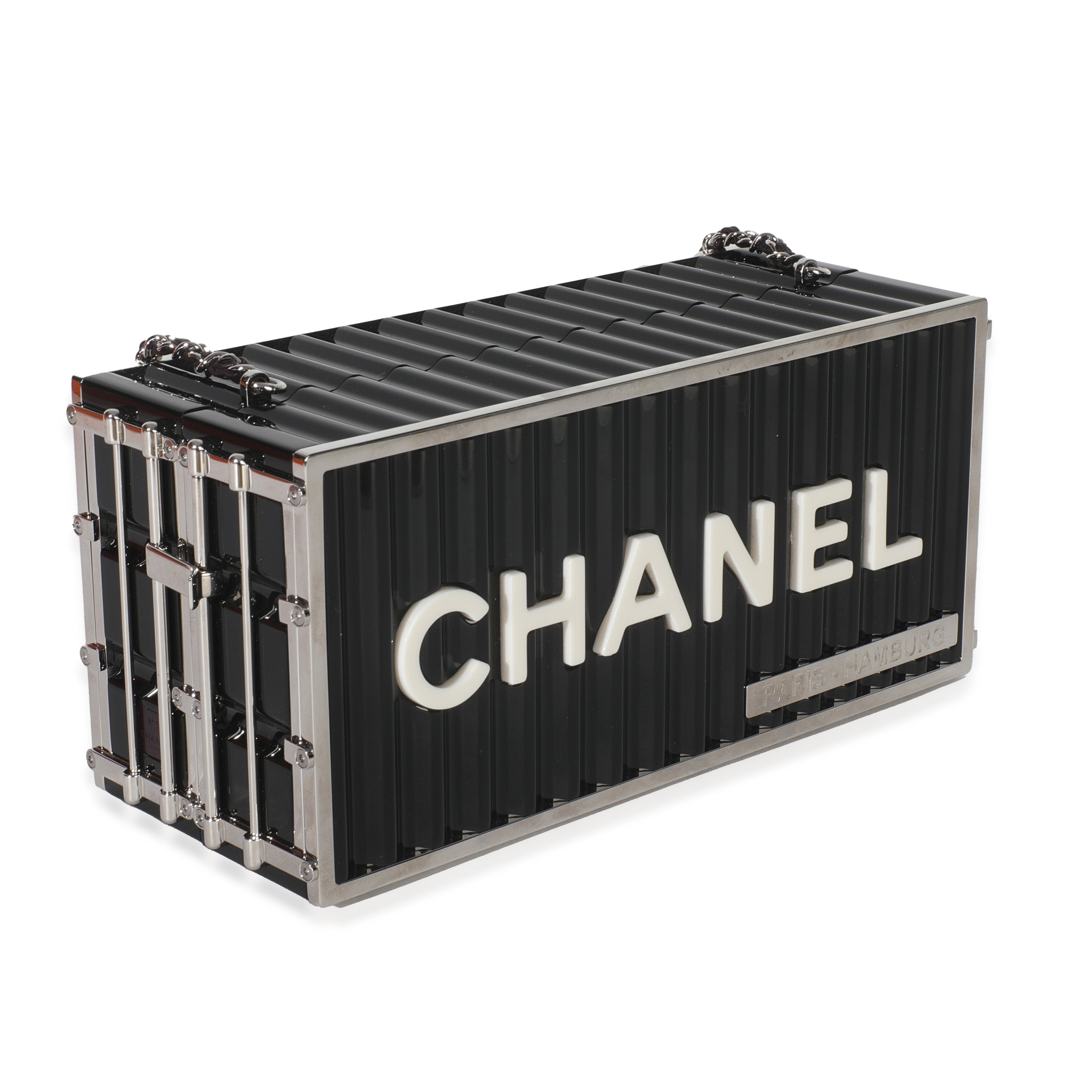 Chanel 18A Black Lucite Paris Hamburg Minaudiere Shipping Container Clutch