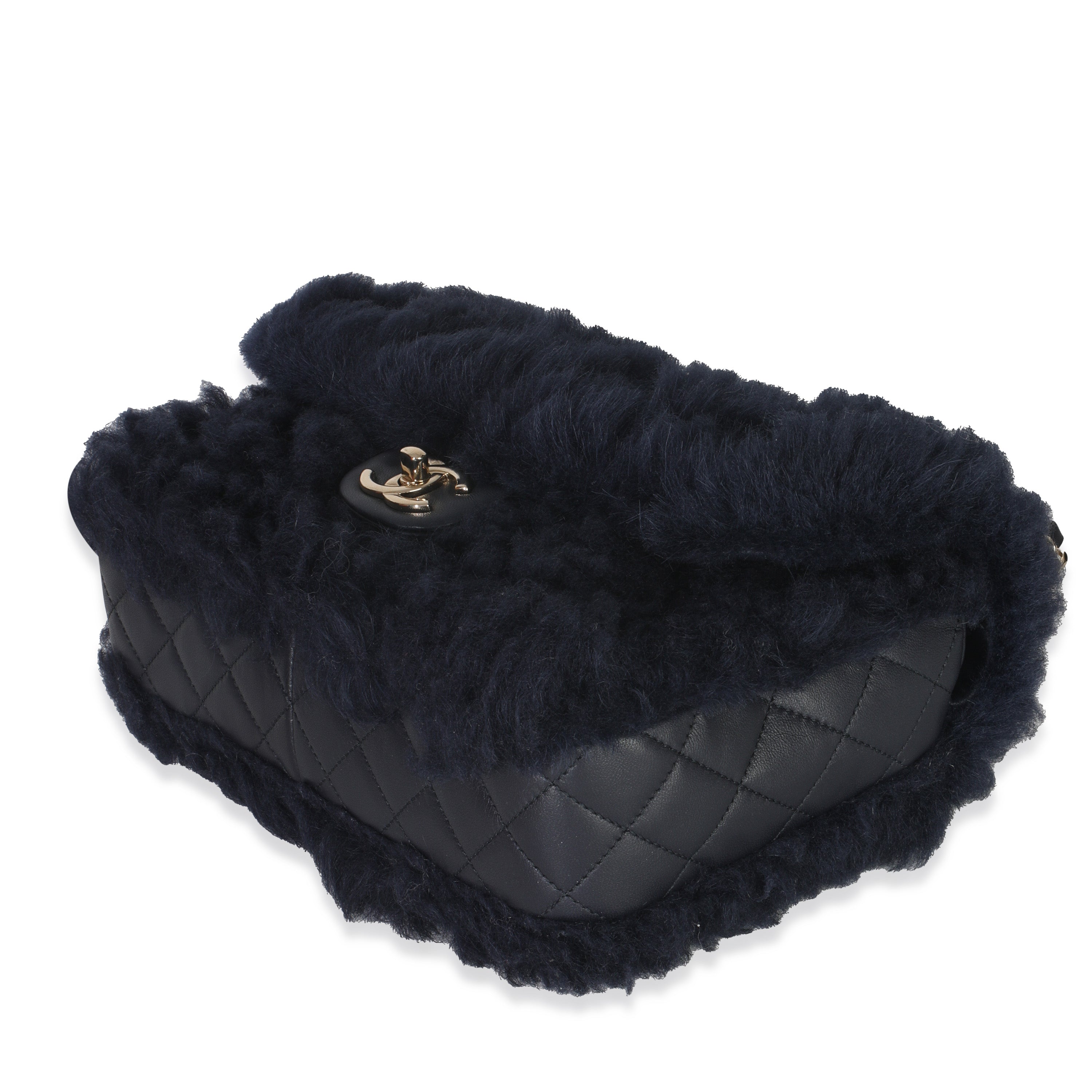 Chanel Navy Shearling Quilted Lambskin Medium Flap Bag