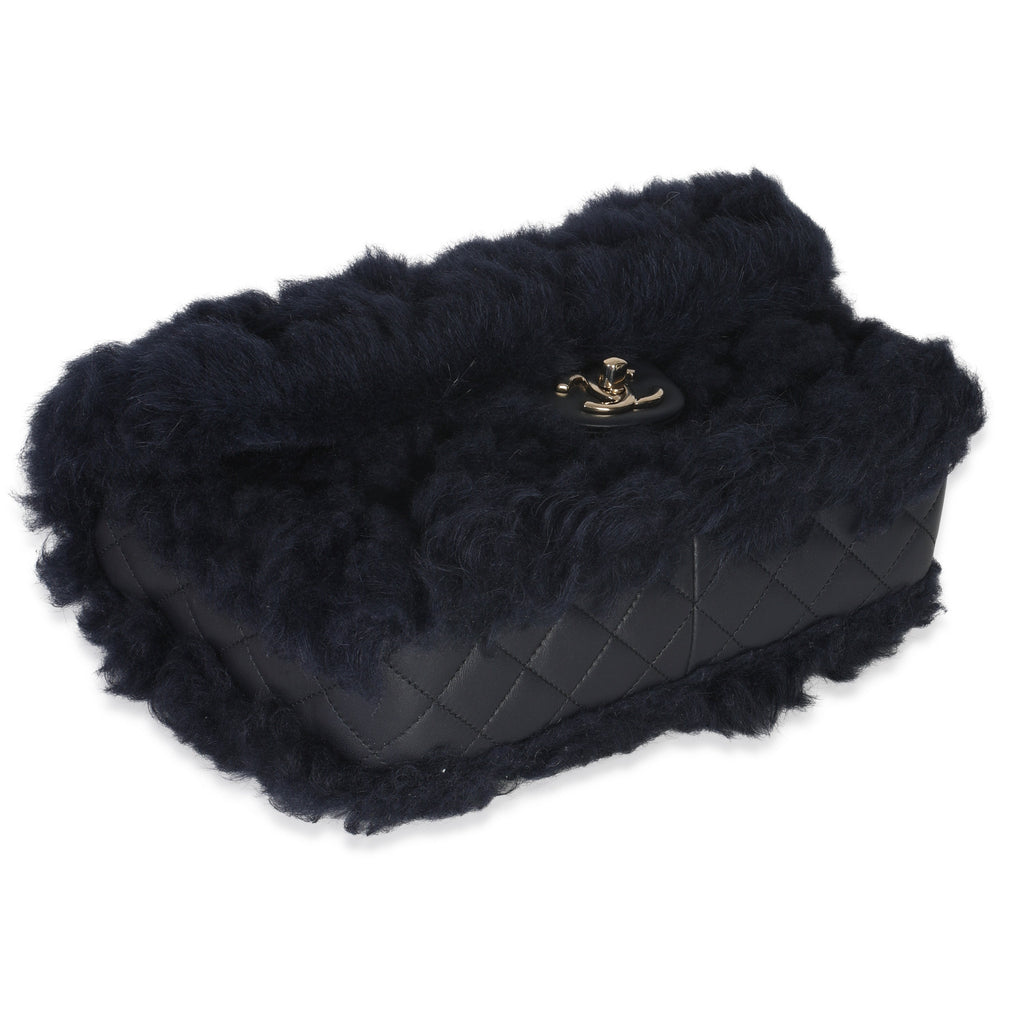 Chanel Navy Shearling Quilted Lambskin Medium Flap Bag
