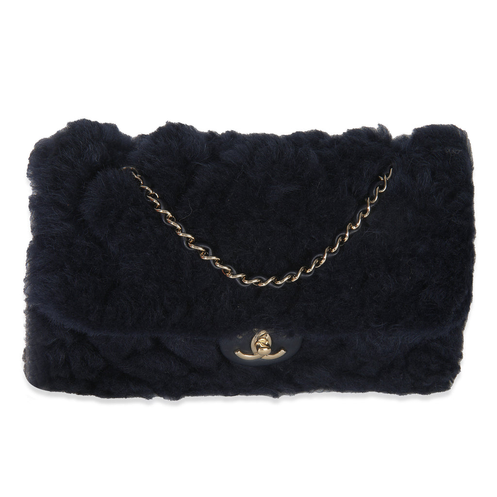 Chanel Navy Shearling Quilted Lambskin Medium Flap Bag