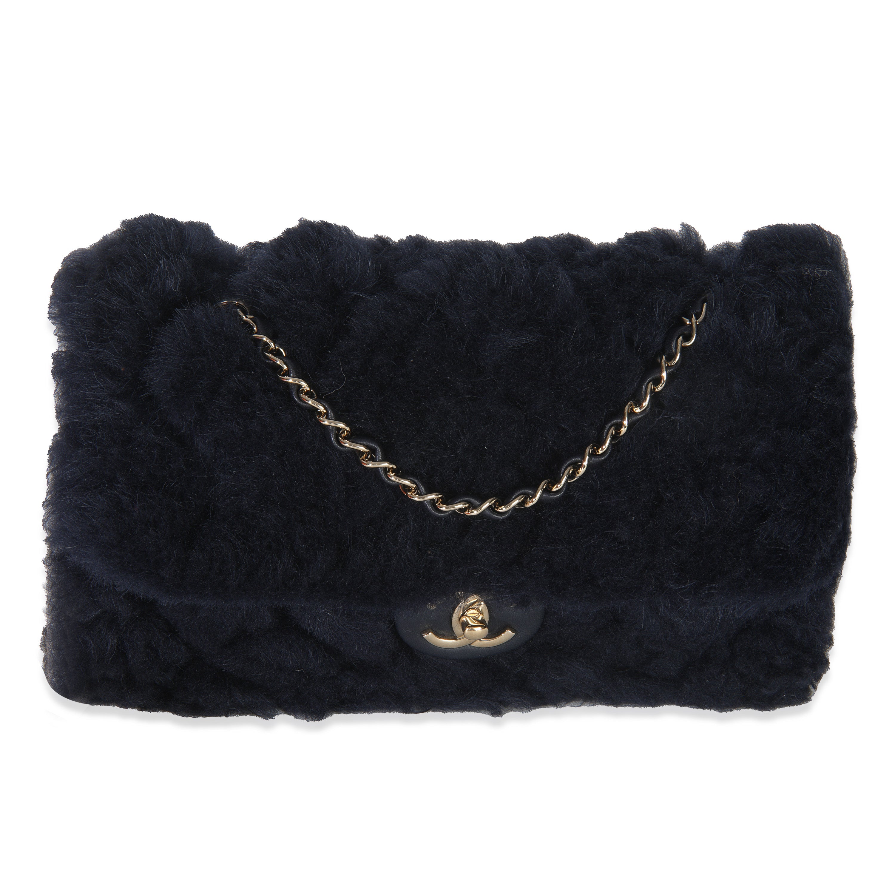 Chanel Navy Shearling Quilted Lambskin Medium Flap Bag