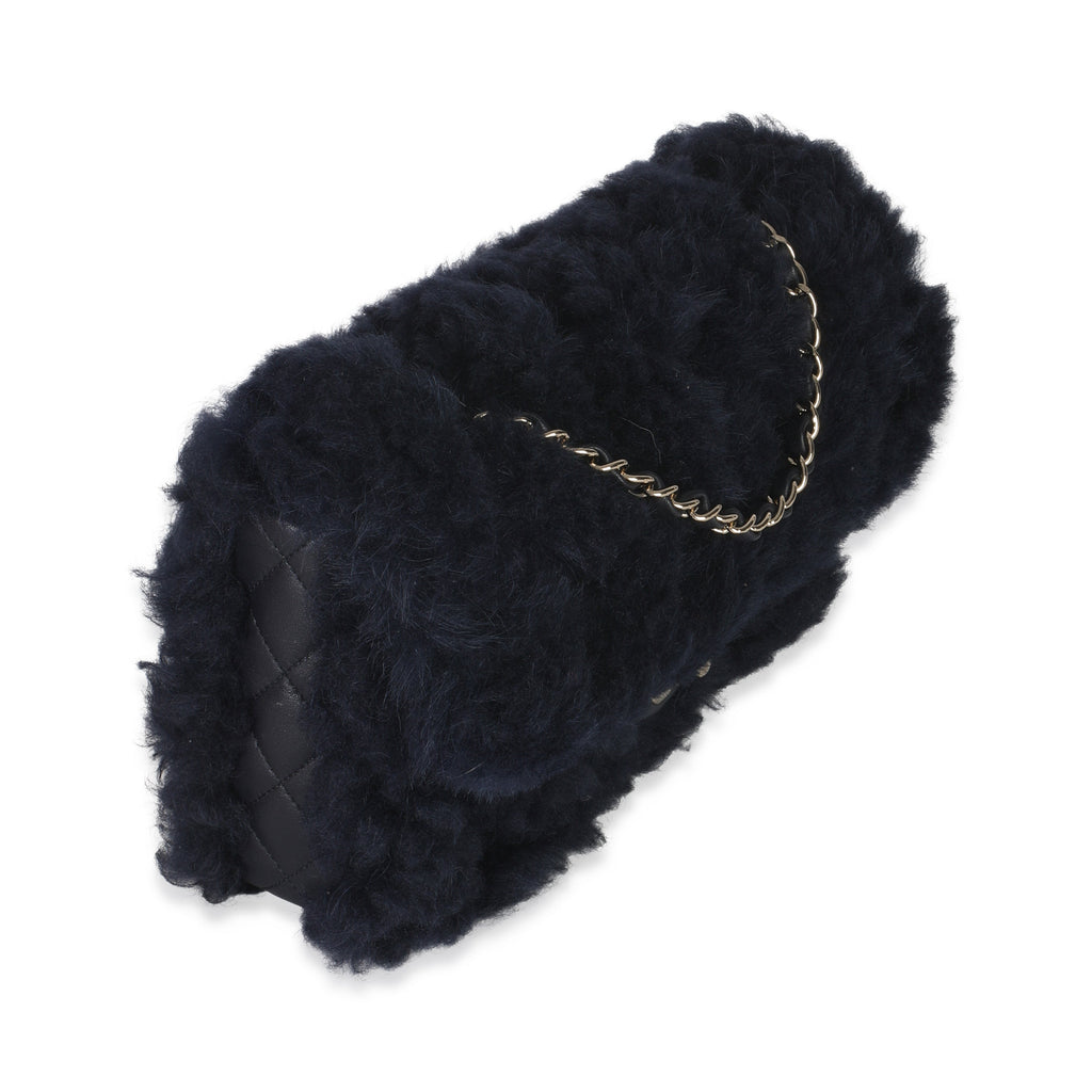 Chanel Navy Shearling Quilted Lambskin Medium Flap Bag