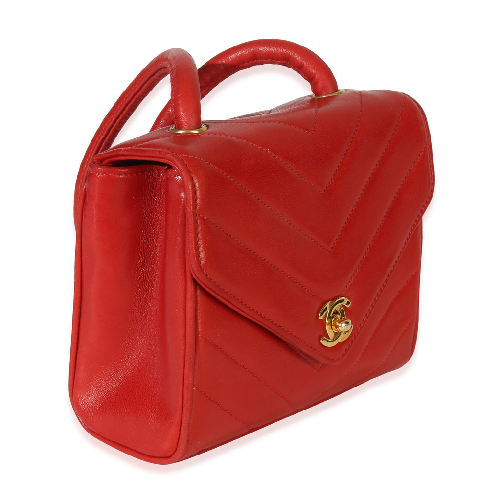 Chanel Vintage 24K Red Chevron Lambskin CC Square Flap Bag