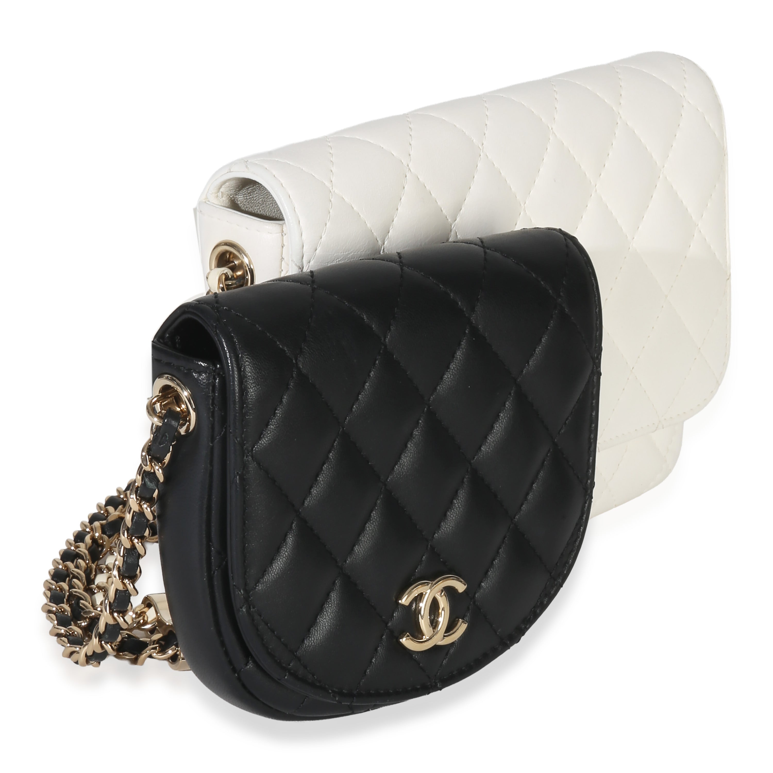 Chanel White Black Quilted Lambskin Small Side Packs Flap Bag