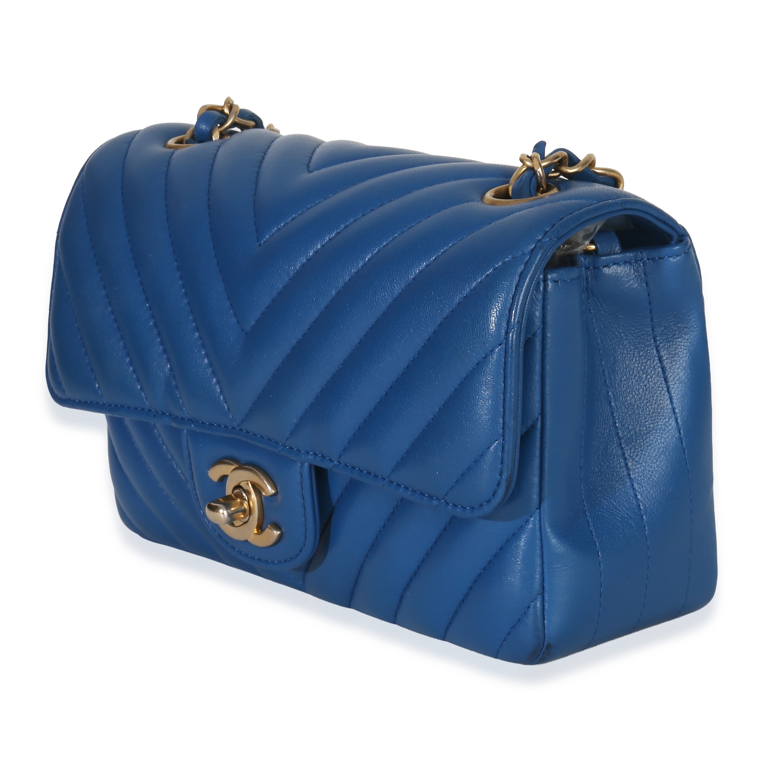 Chanel Blue Lambskin Chevron Mini Rectangular Flap Bag