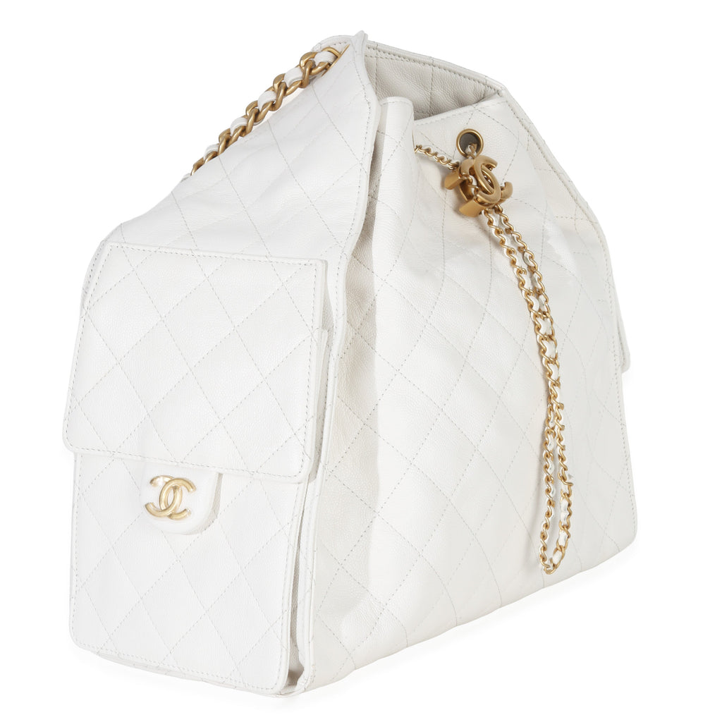 Chanel White Quilted Caviar Large Chanel 25 Hobo Handbag