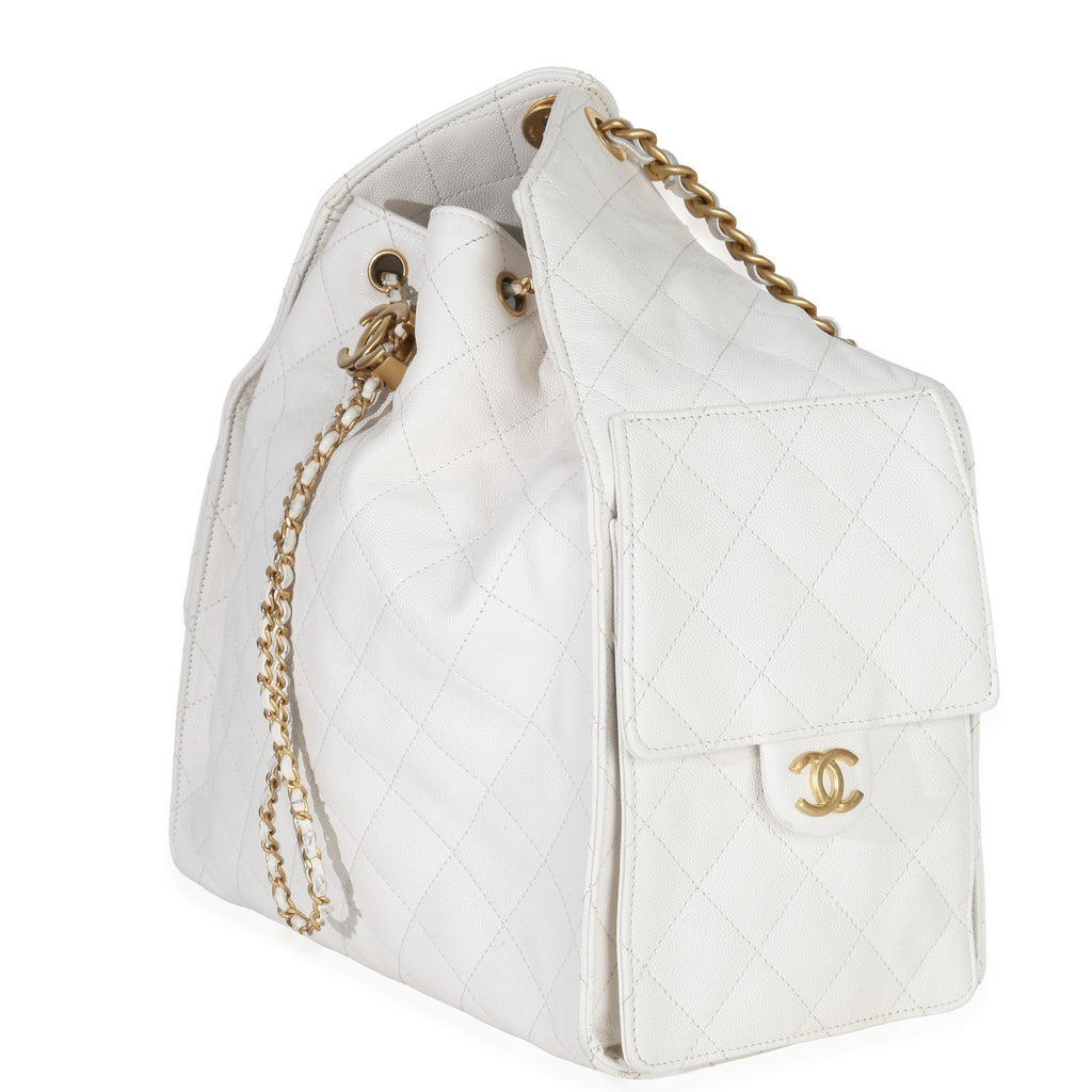 Chanel White Quilted Caviar Large Chanel 25 Hobo Handbag