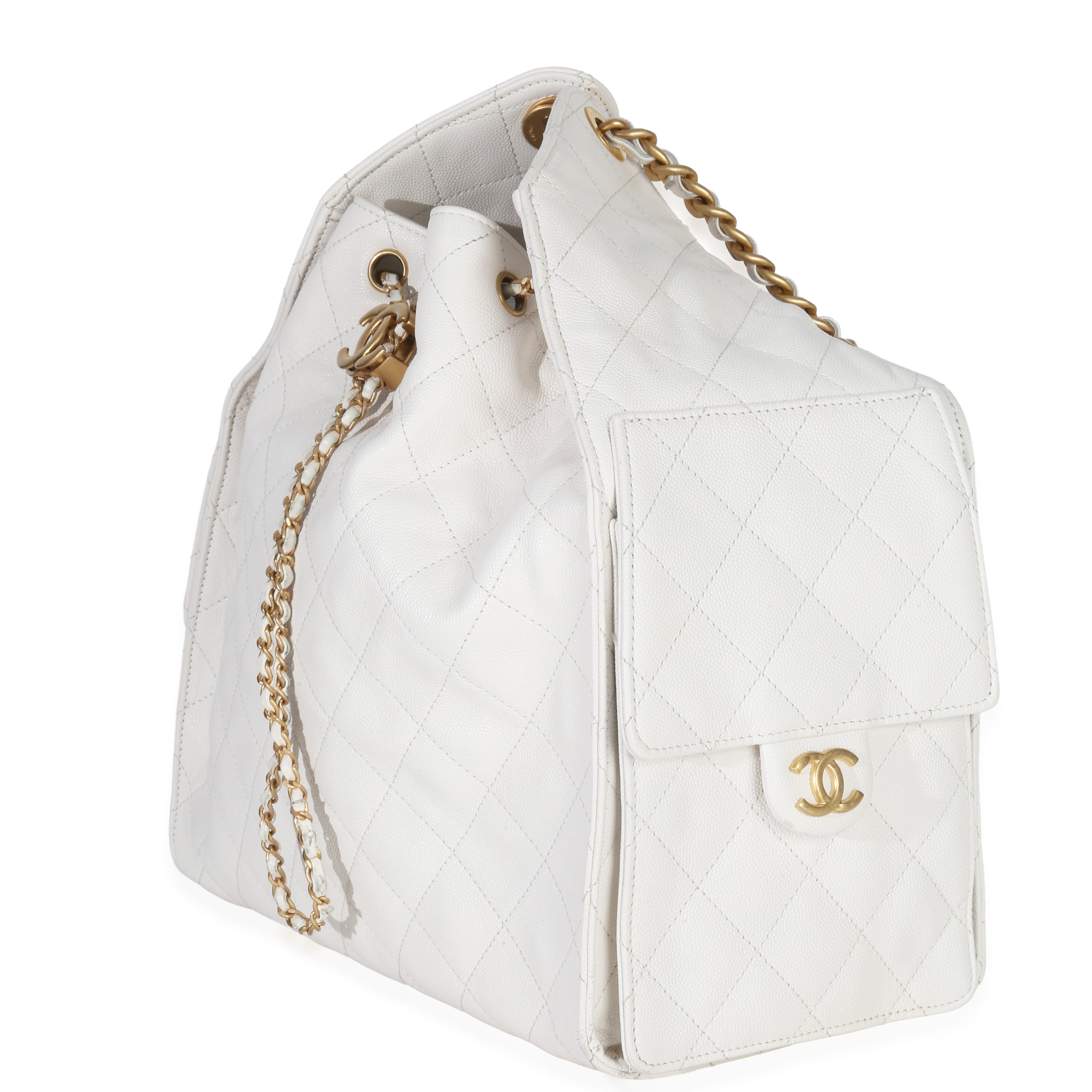 Chanel White Quilted Caviar Large Chanel 25 Hobo Handbag
