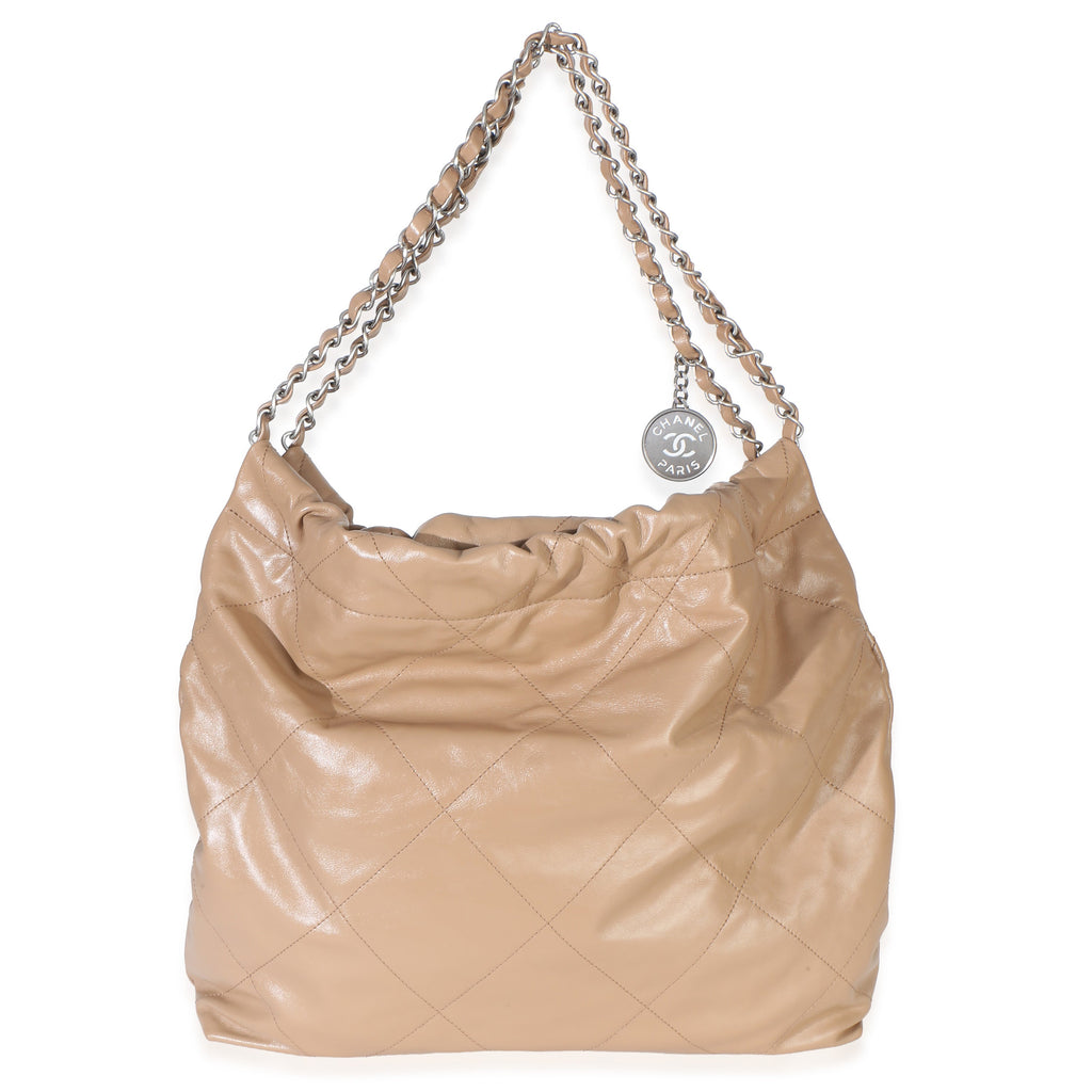 Chanel Beige Shiny Quilted Calfskin Small Chanel 22 Hobo