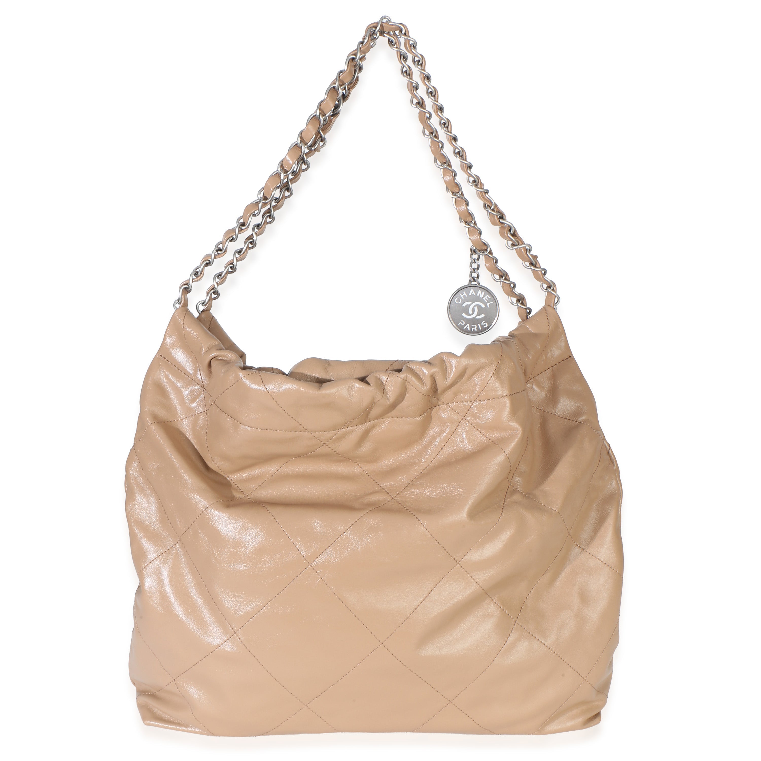 Chanel Beige Shiny Quilted Calfskin Small Chanel 22 Hobo