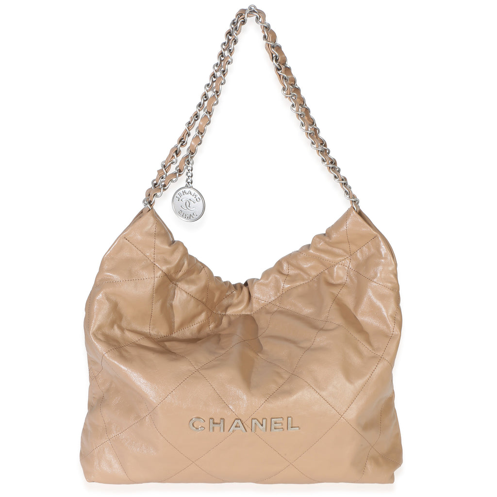 Chanel Beige Shiny Quilted Calfskin Small Chanel 22 Hobo