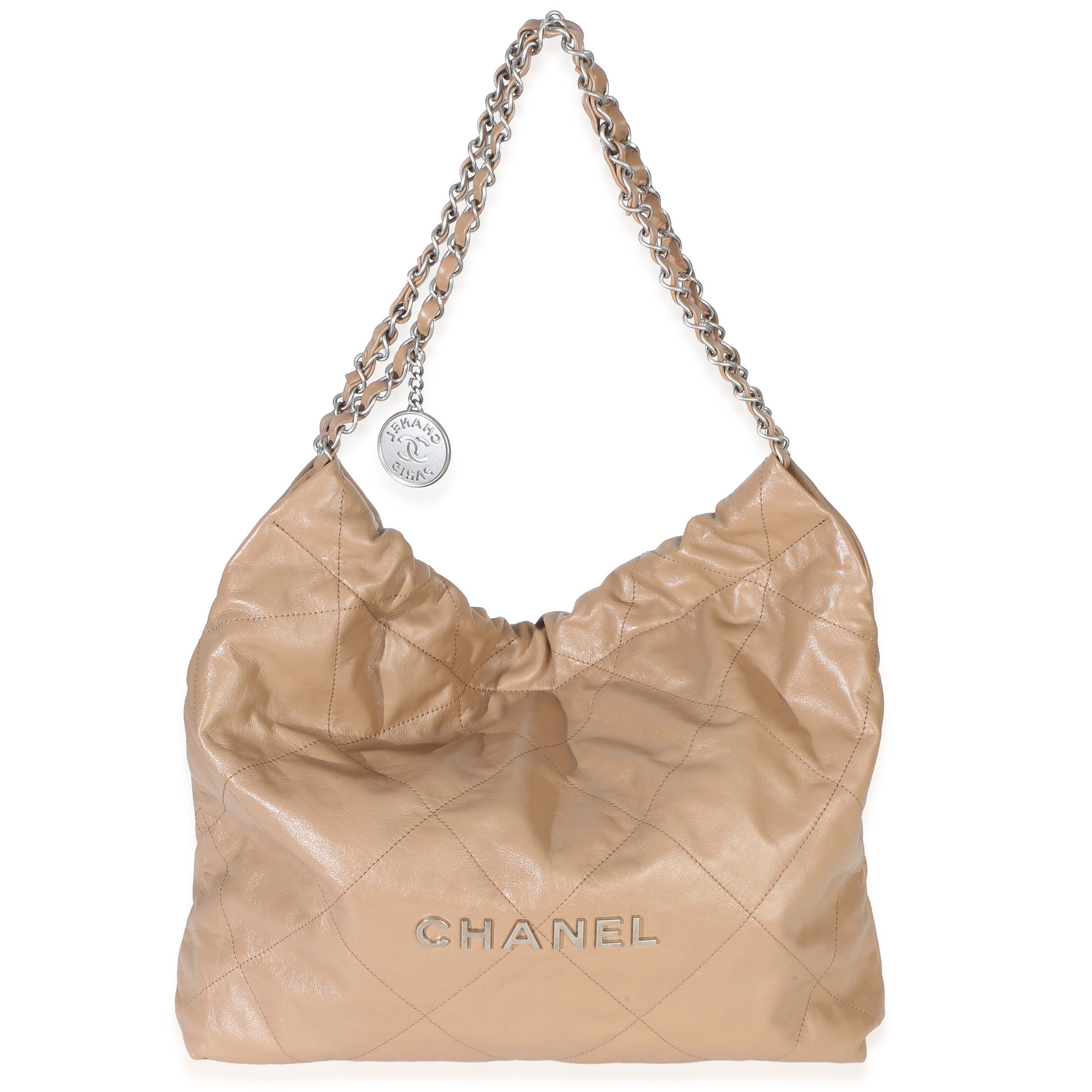 Chanel Beige Shiny Quilted Calfskin Small Chanel 22 Hobo