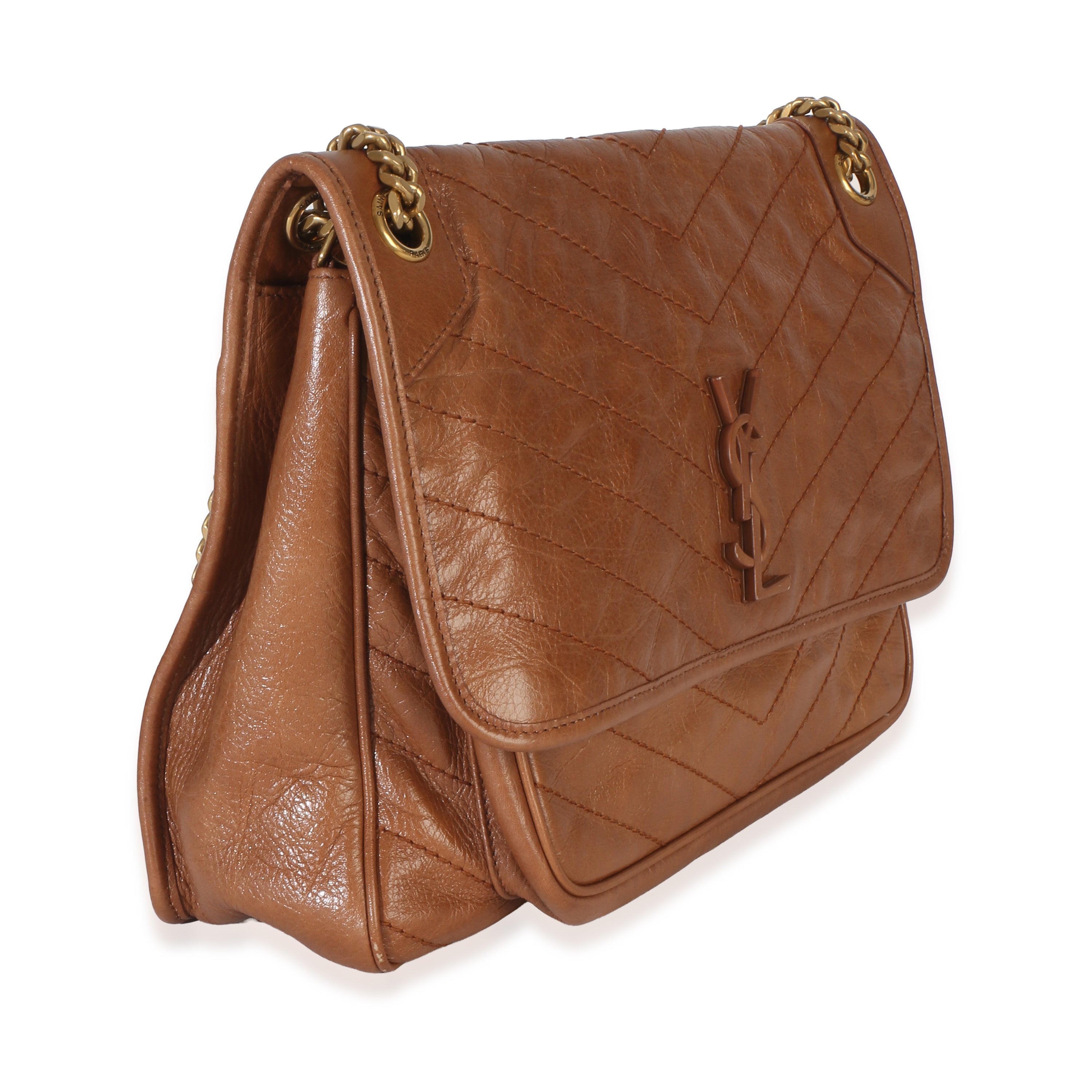 Saint Laurent Caramel Crinkled Calfskin Matelasse Medium Niki Chain Satchel