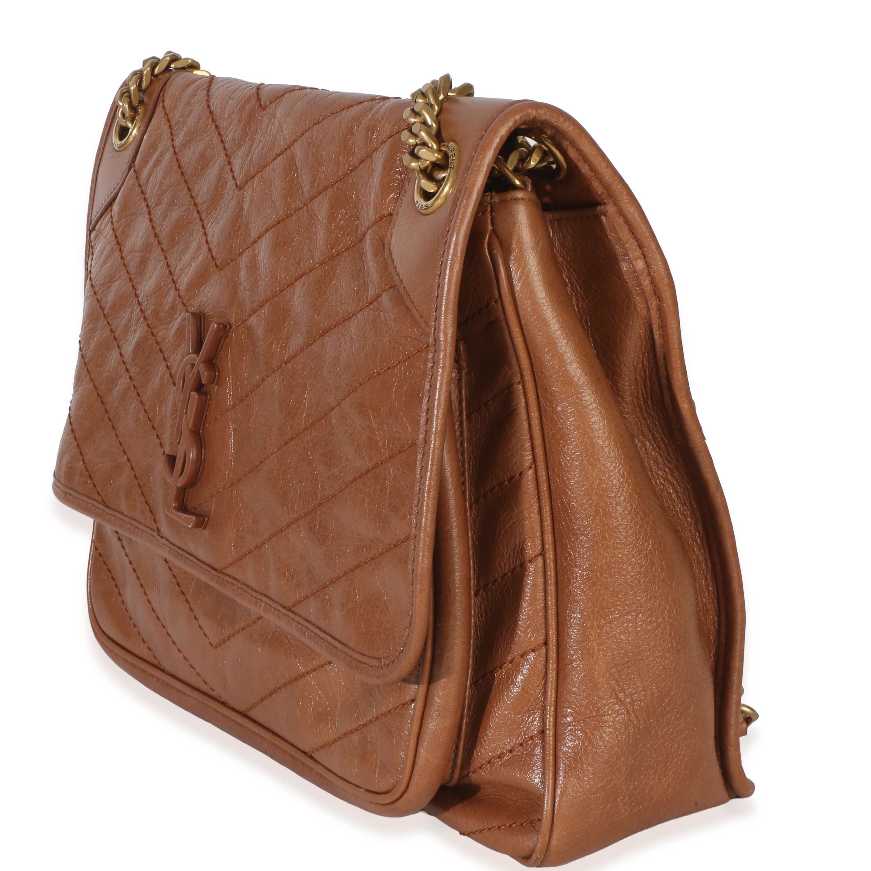Saint Laurent Caramel Crinkled Calfskin Matelasse Medium Niki Chain Satchel