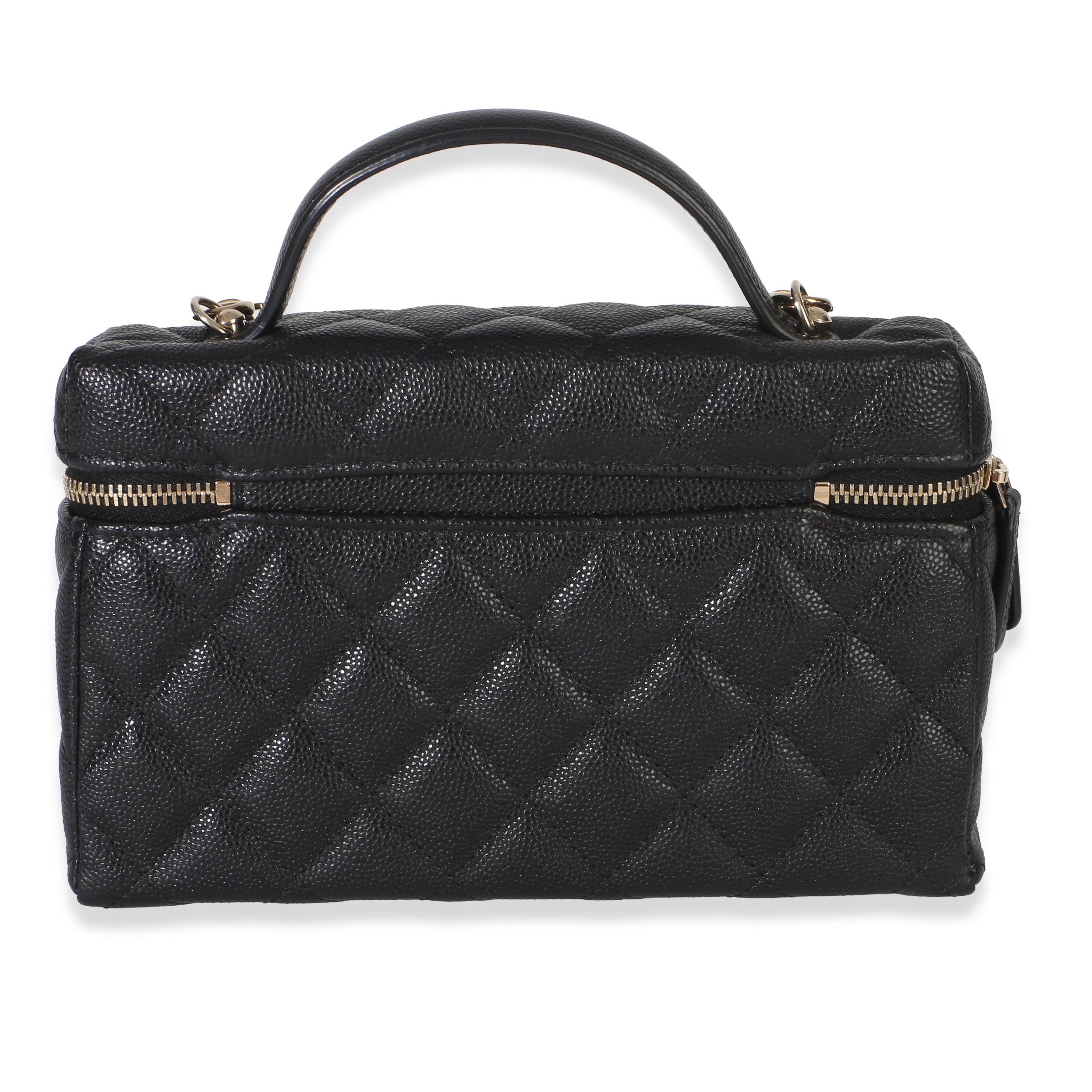 Chanel Black Quilted Caviar Top Handle Slim Vanity Handbag With Chain